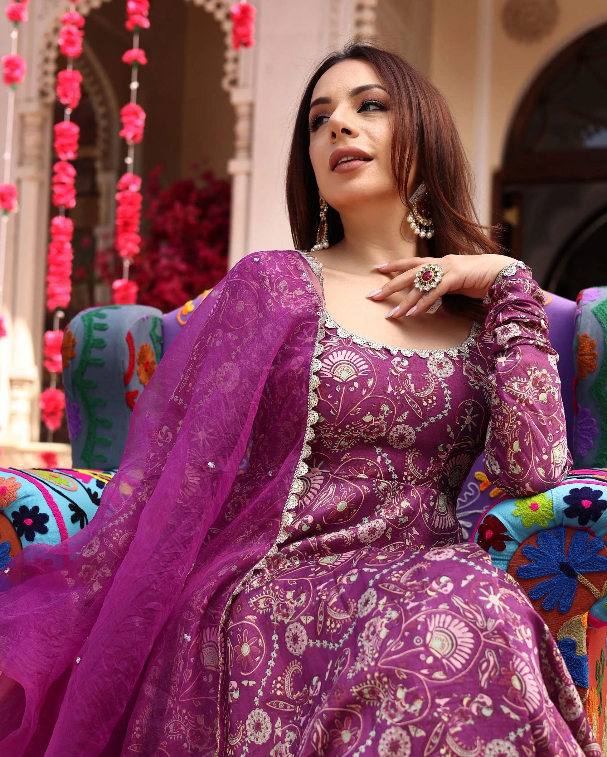 Floral Lavender Hues Printed Chanderi Suit Set My Store