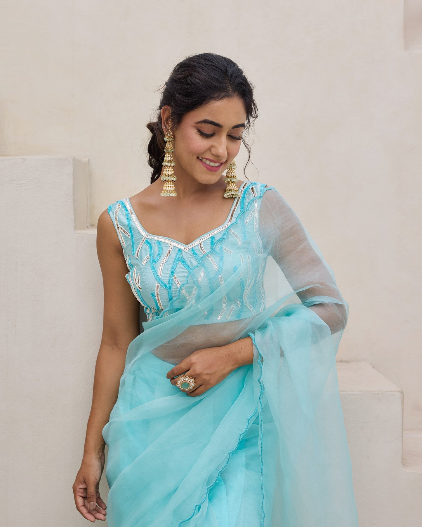 Blue Petal Satin Embroidered Blouse My Store