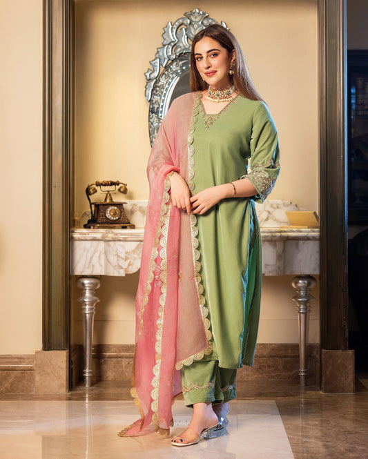 Taskin Sage Embroidered Velvet Suit Set My Store