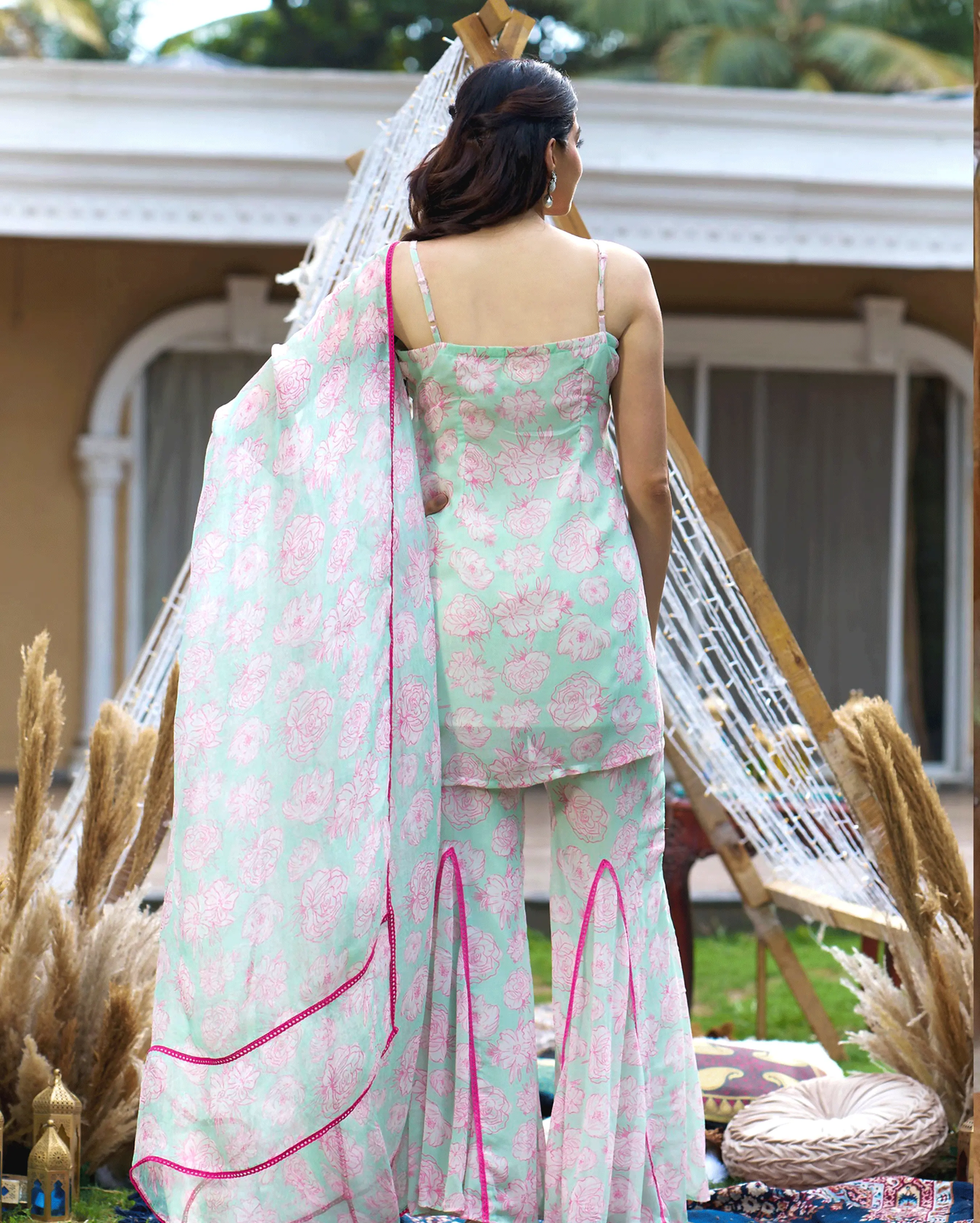 Kinaaz Sea Green Printed Georgette Sharara Set My Store