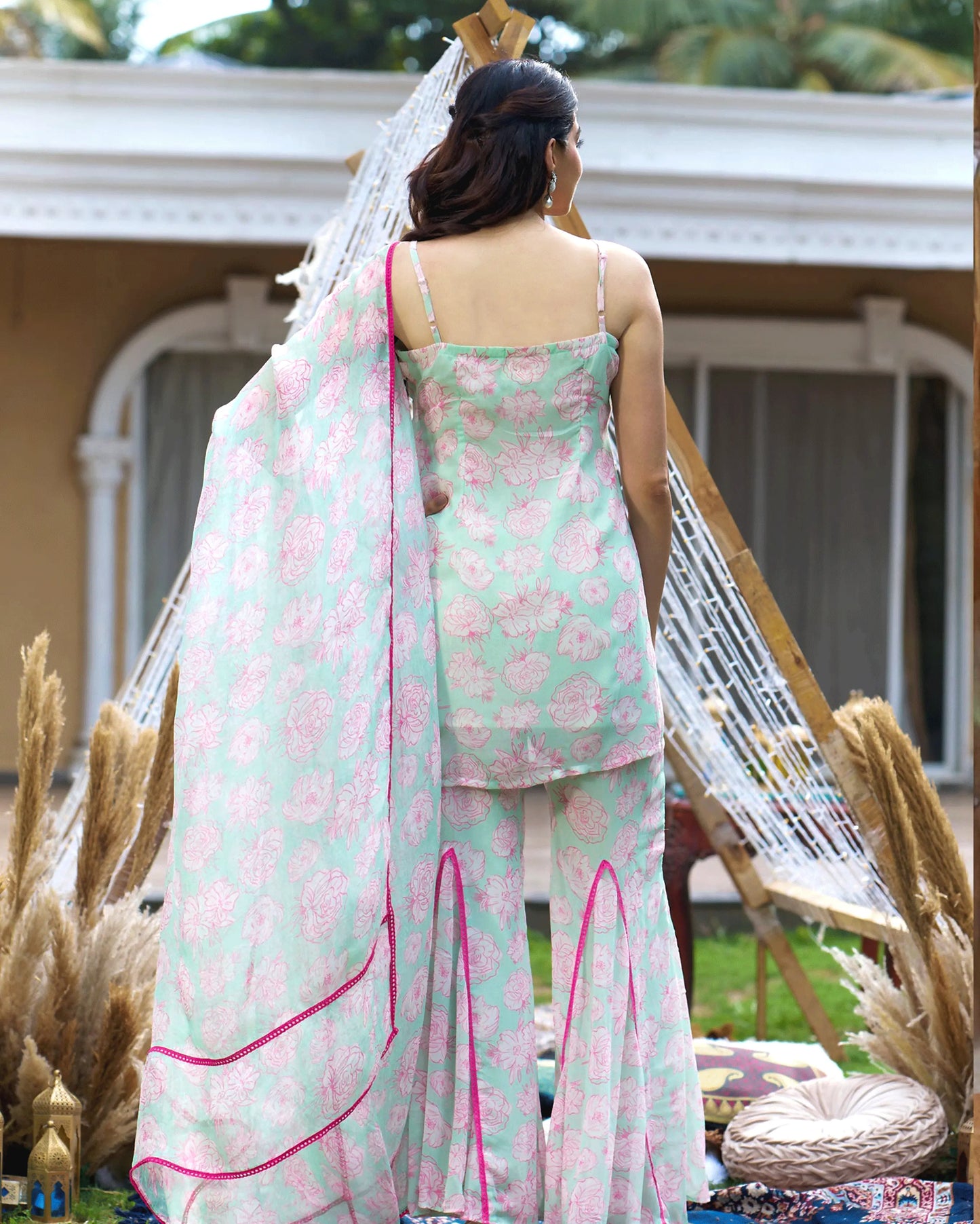 Kinaaz Sea Green Printed Georgette Sharara Set My Store