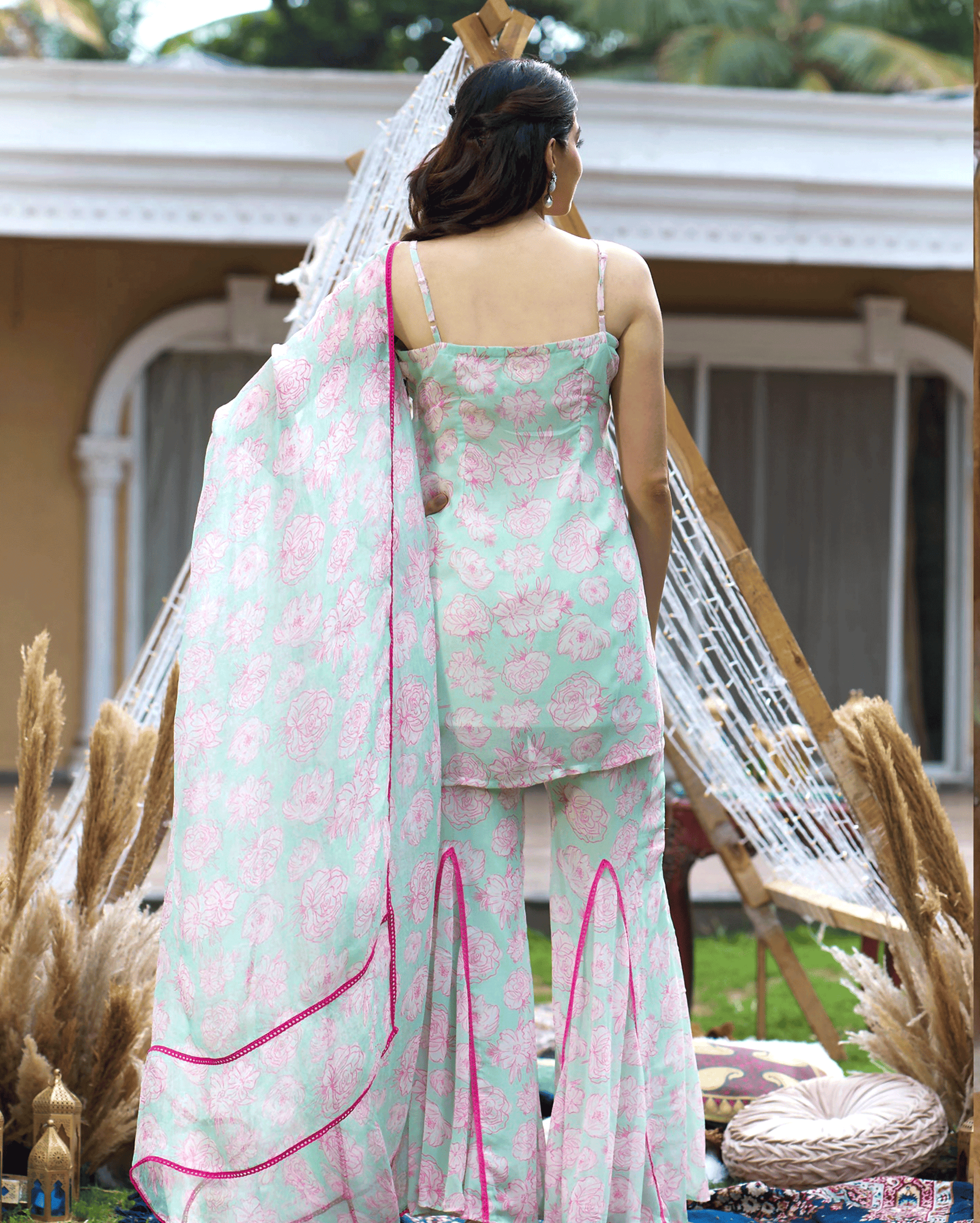 Kinaaz Sea Green Printed Georgette Sharara Set My Store