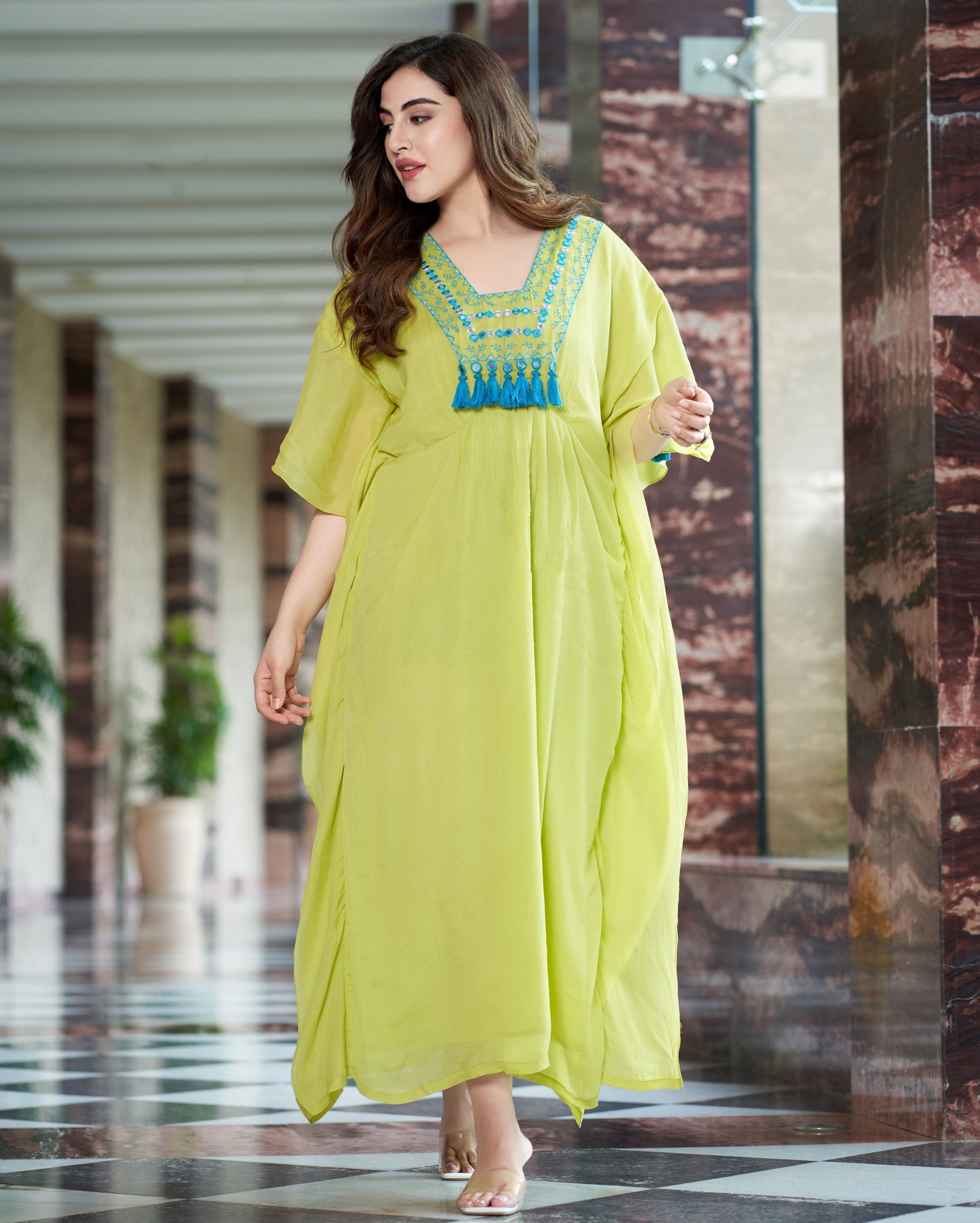 Meera Neon Green Embroidered Chinon Kaftan Quick Cart