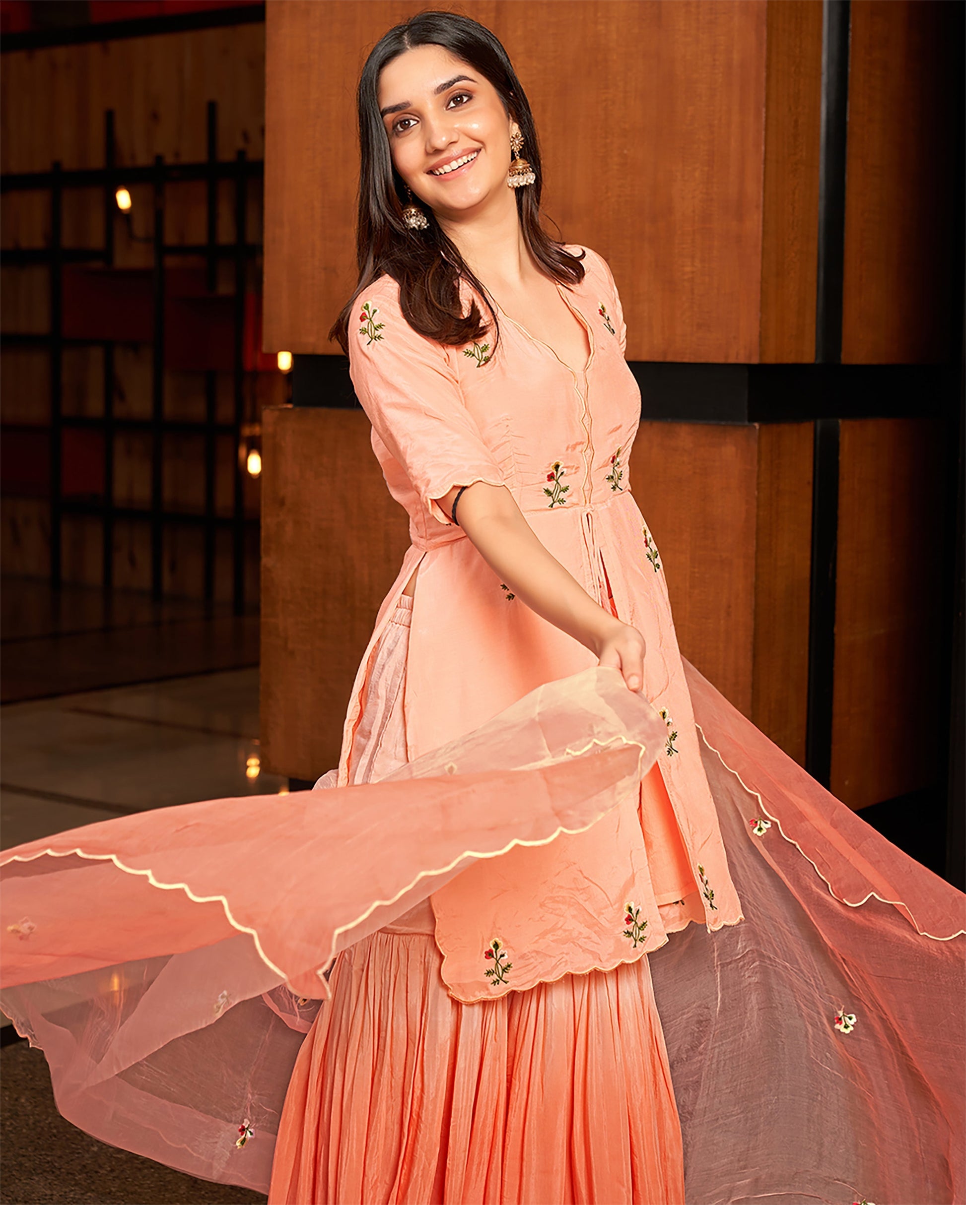 Heather Peach Embroidered Muslin Silk Sharara Set Quick Cart