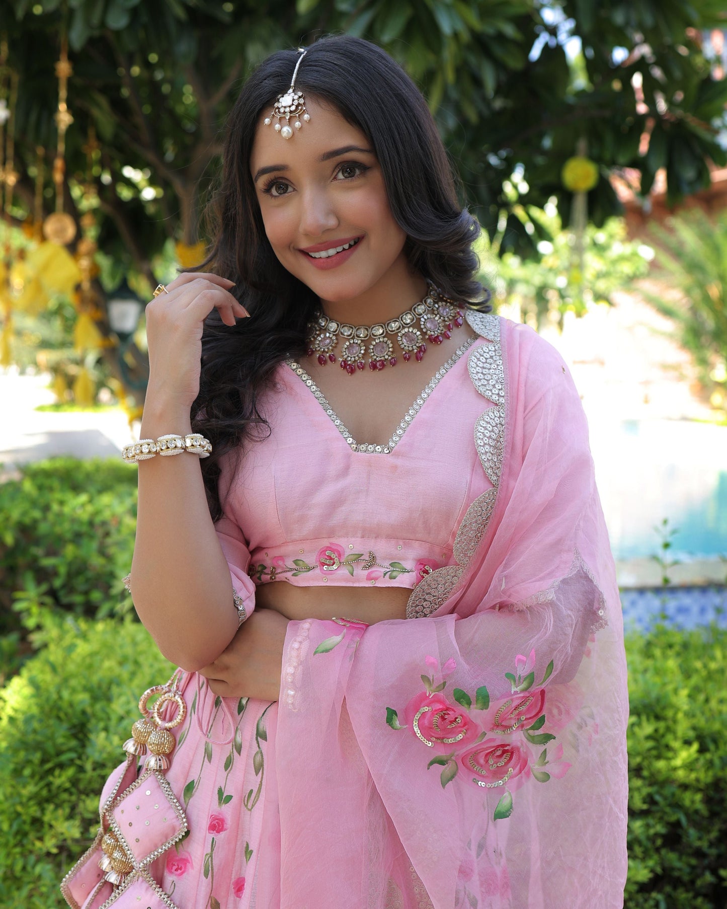 Dewberry Pink Handpainted Chanderi Lehenga Set Quick Cart