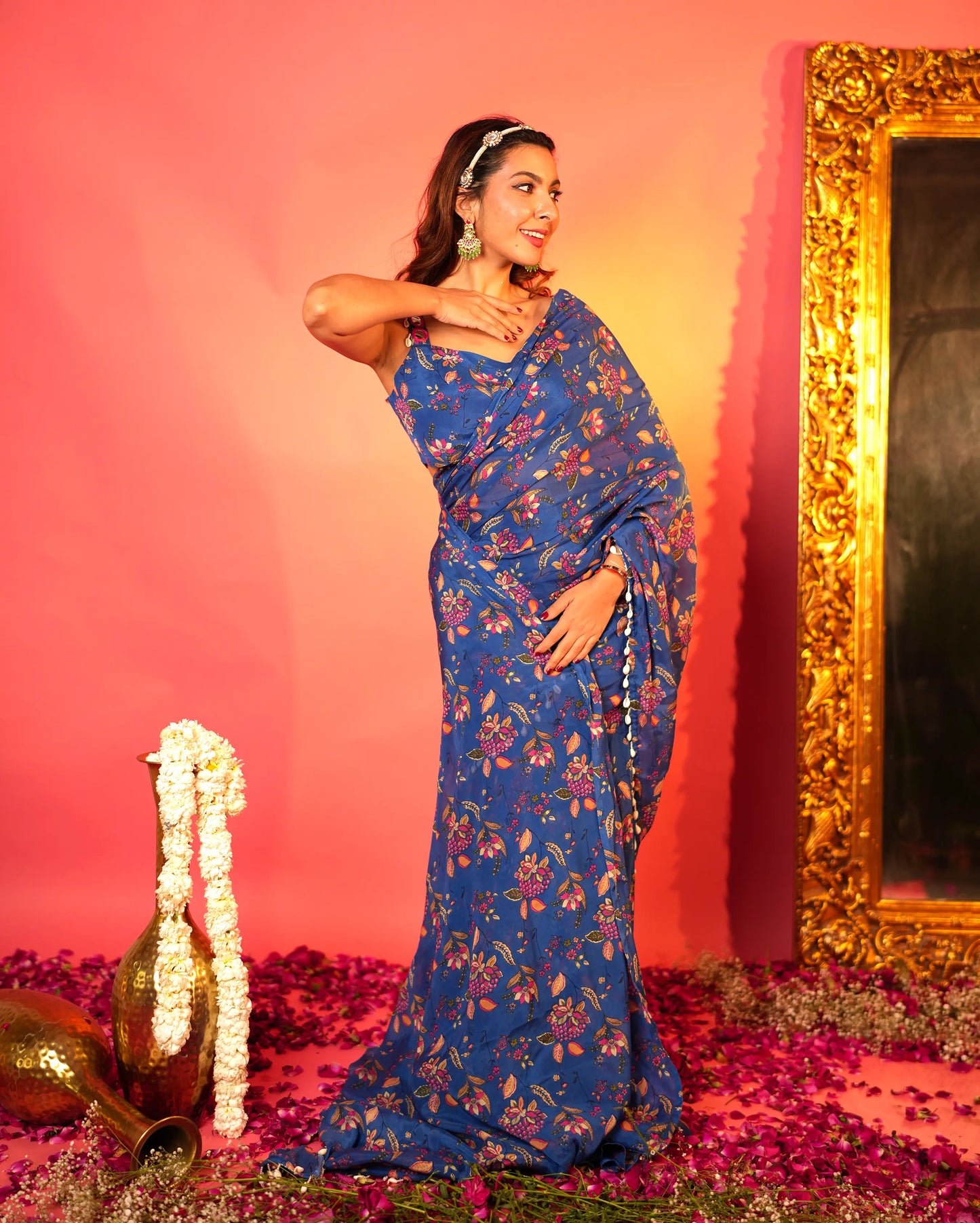 Shruti Blue Printed Chinon Pre-draped Saree My Store