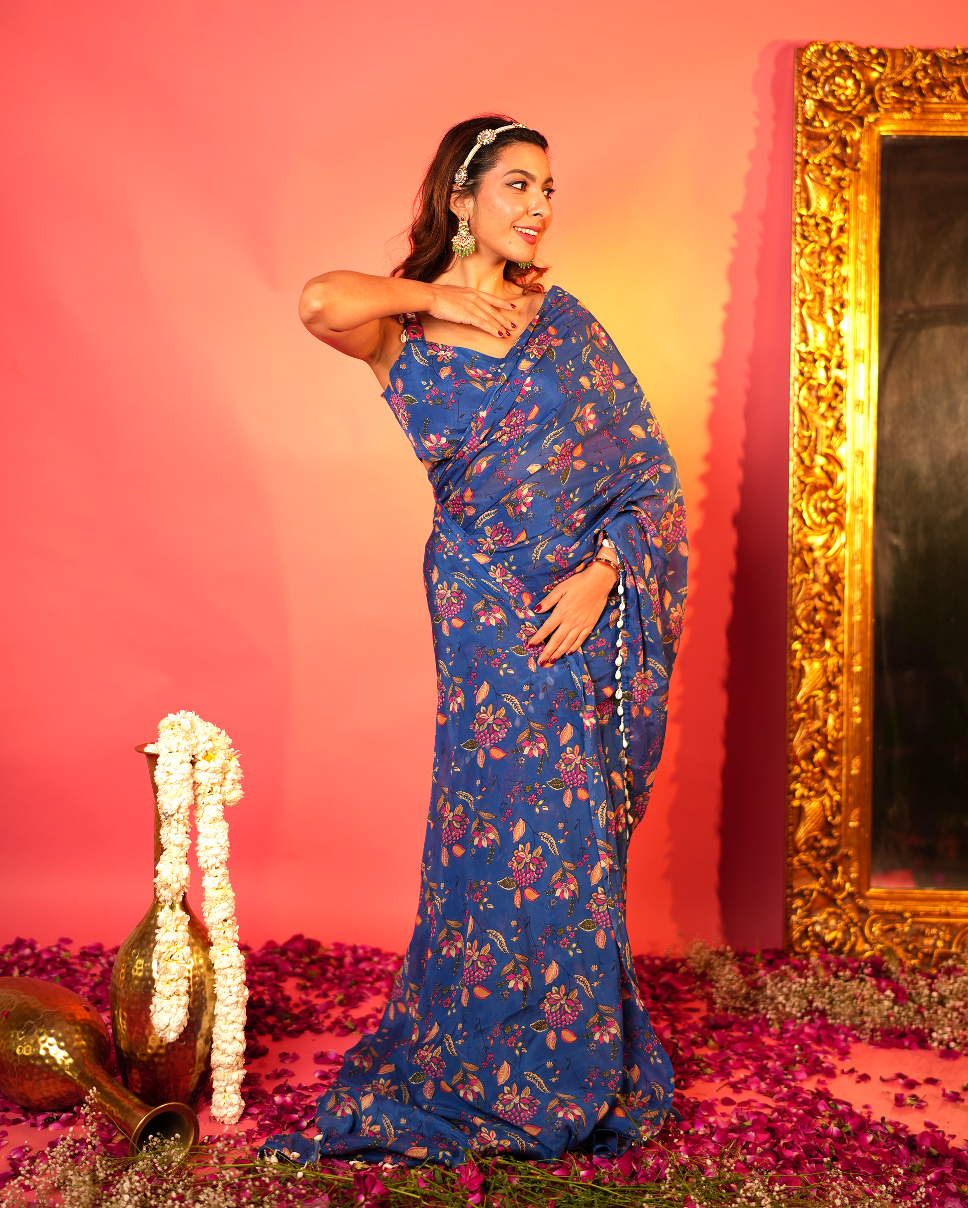 Shruti Blue Printed Chinon Pre-draped Saree My Store