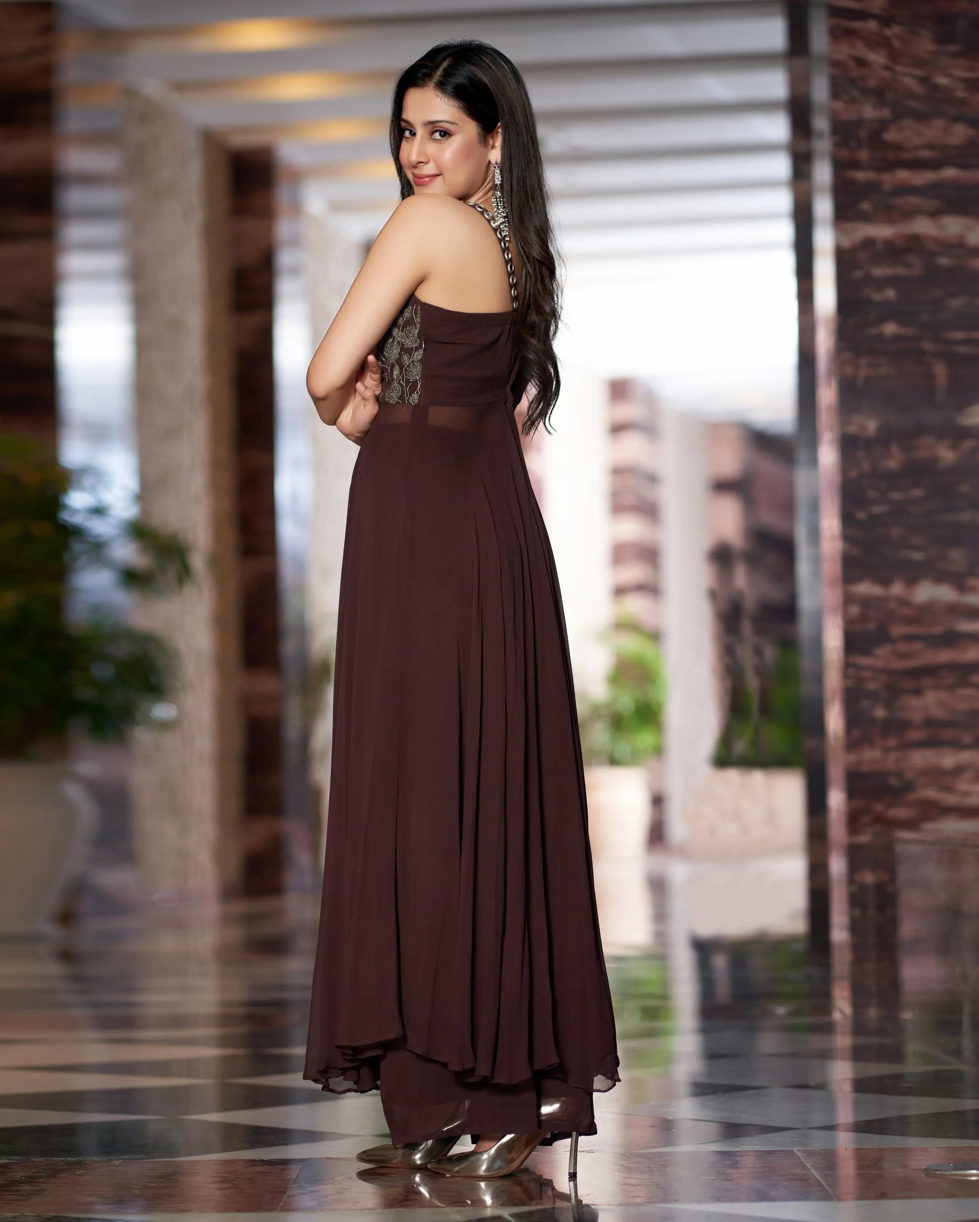 Shriya Brown Embroidered Georgette Kurta Set My Store