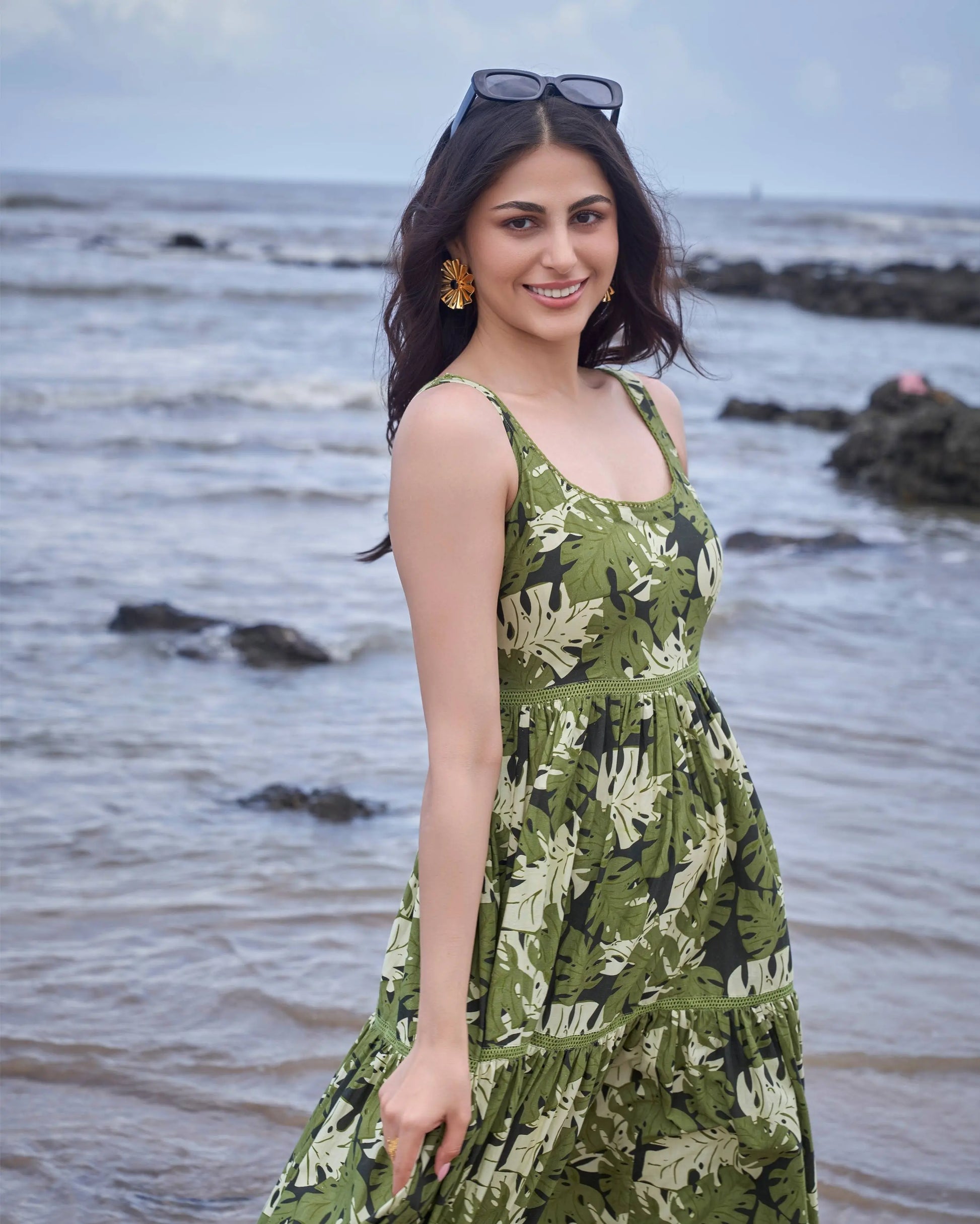 Tropical Dark Green Printed Cotton Dress My Store