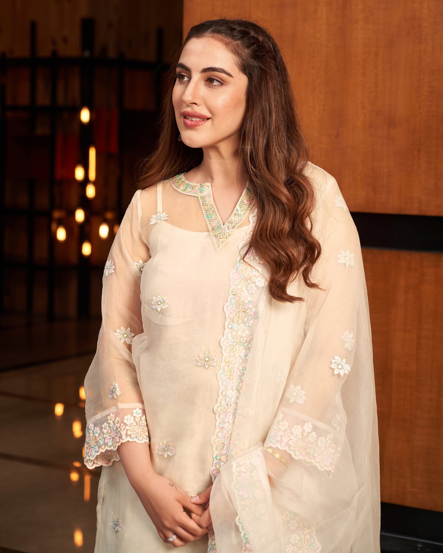 Pratha White Embroidered Organza Suit Set Quick Cart