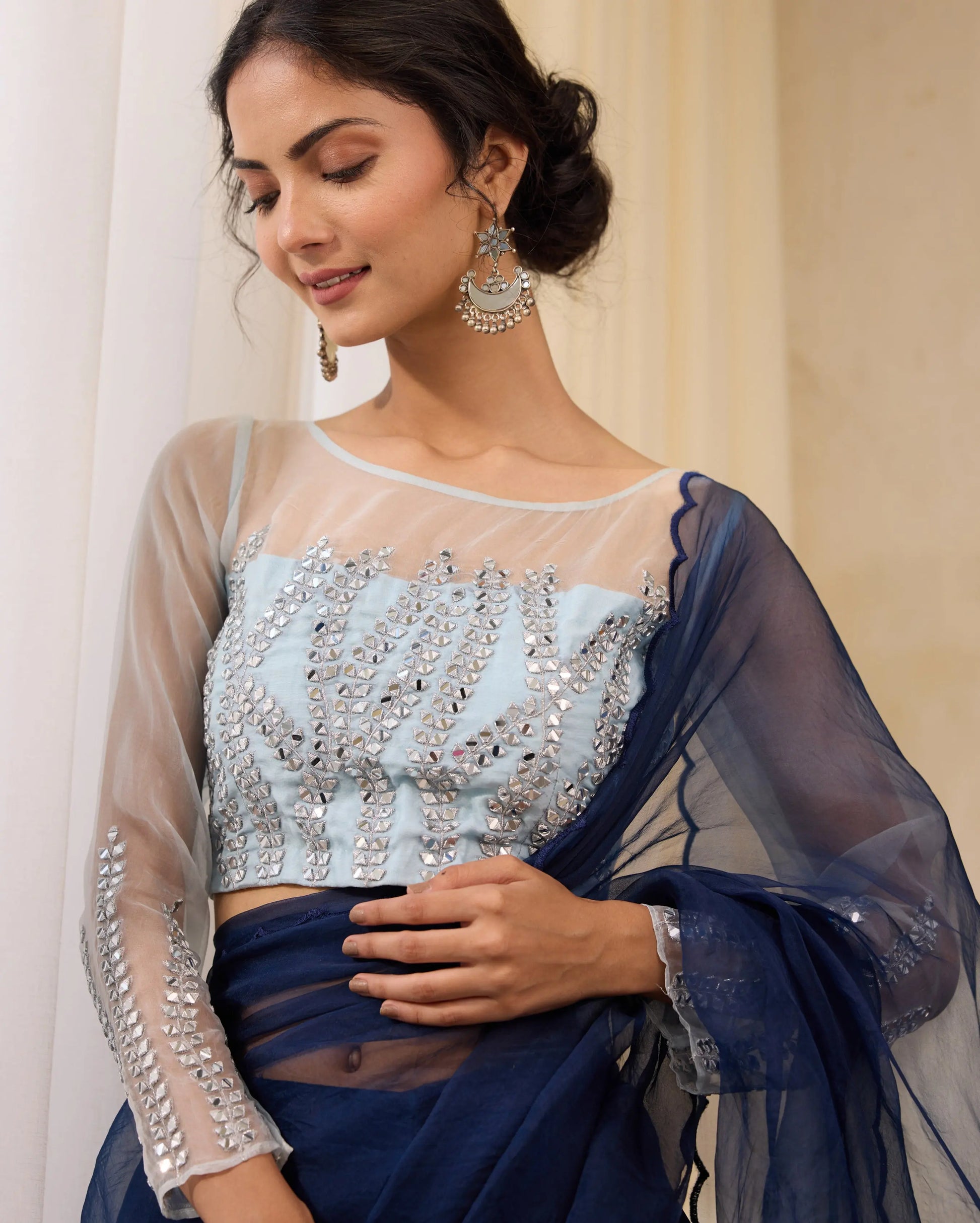 Ocean Wave Blue Organza Embroidered Blouse My Store