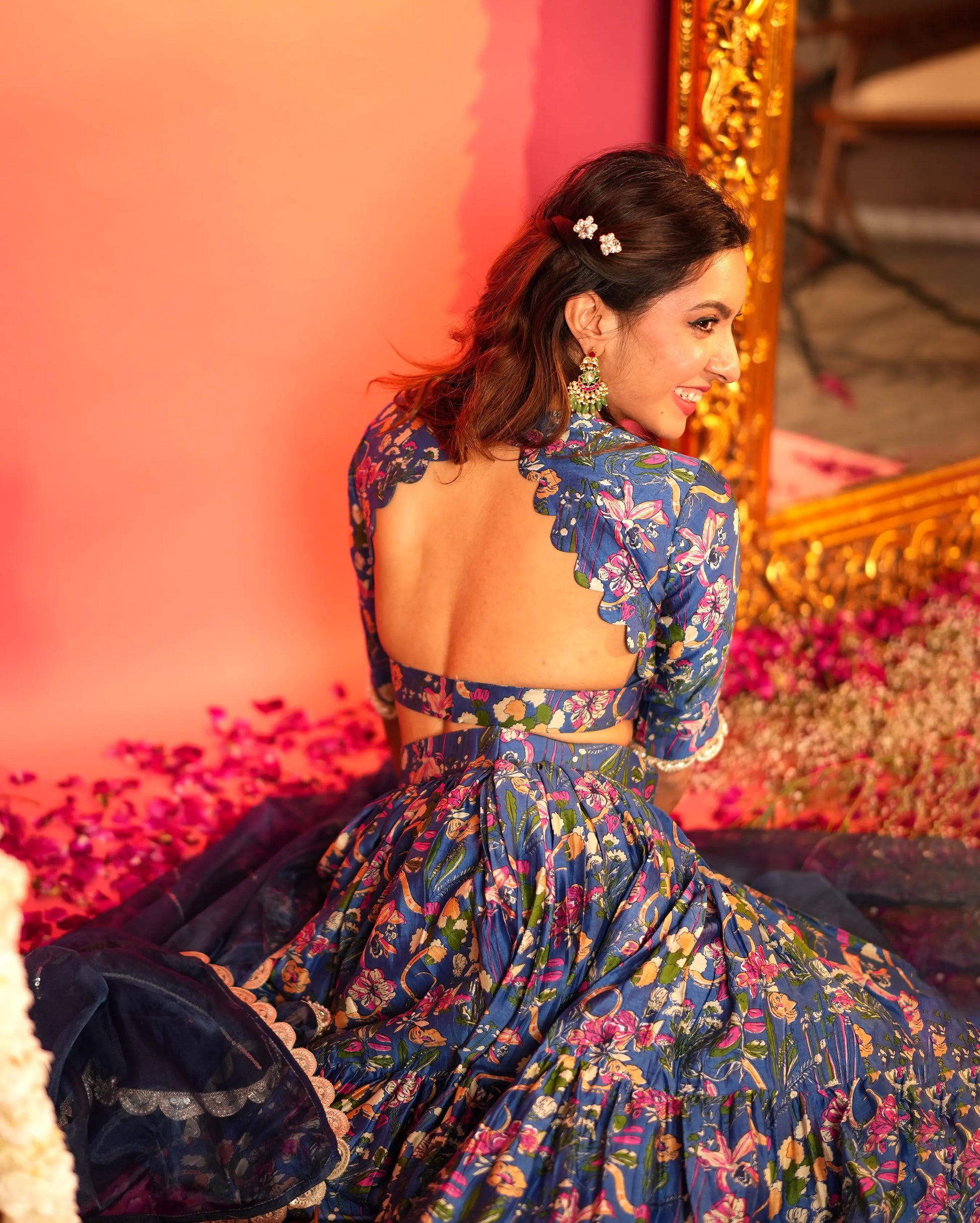 Neelam Blue Printed Chanderi Lehenga Set My Store