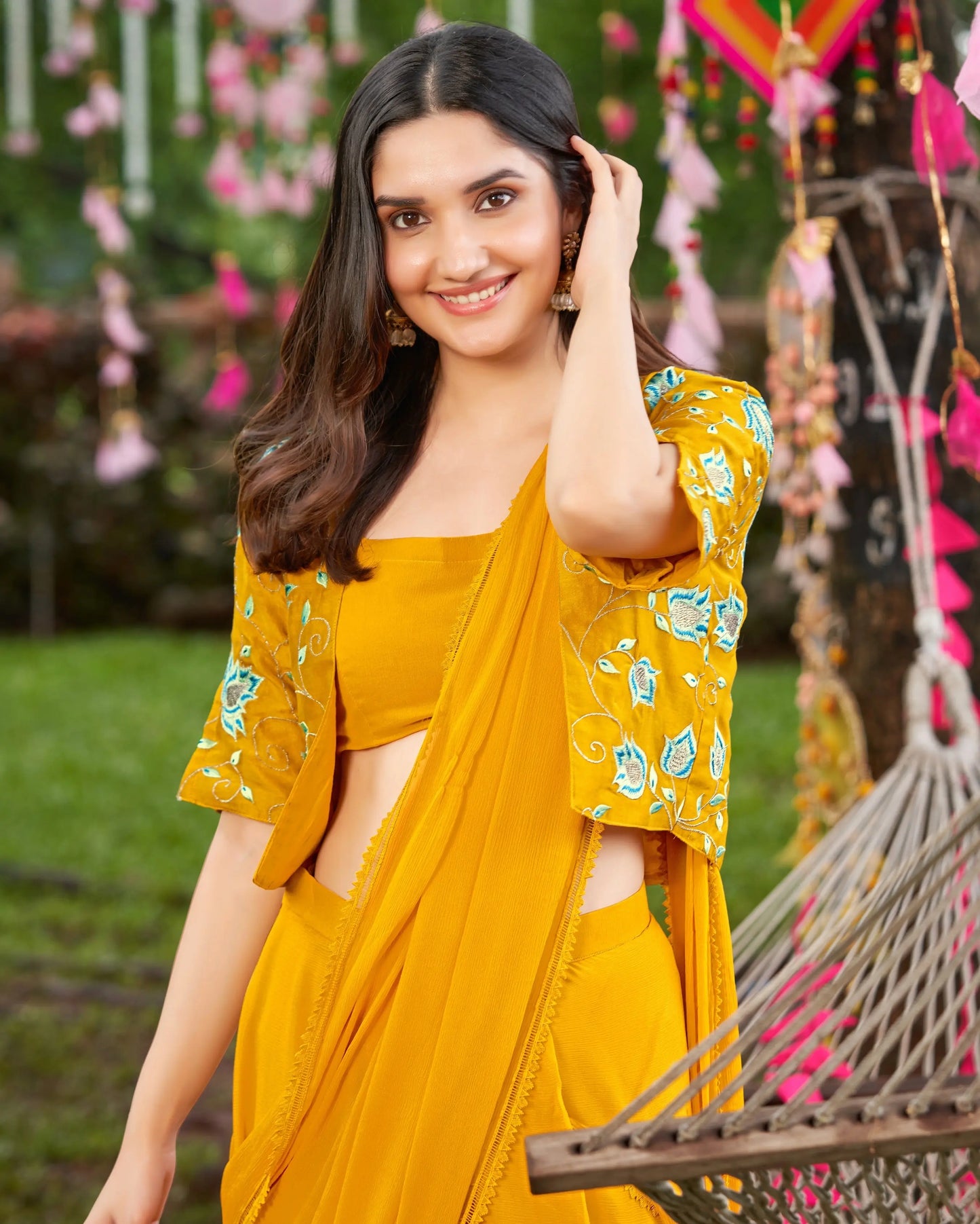 Uday Mustard Yellow Embroidered Chinon Pre Draped Saree My Store