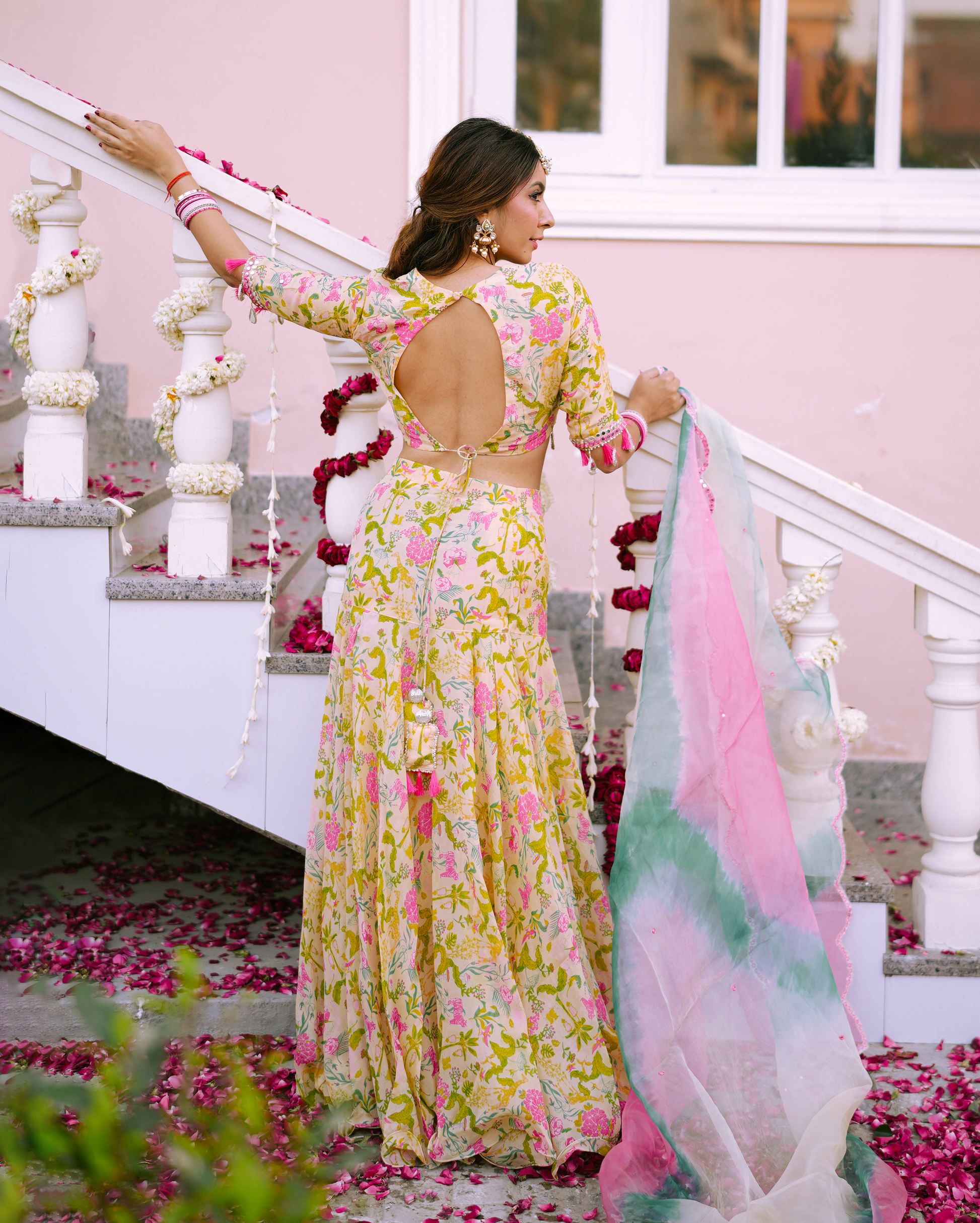 Vidari Cream Printed Organza Lehenga Set My Store