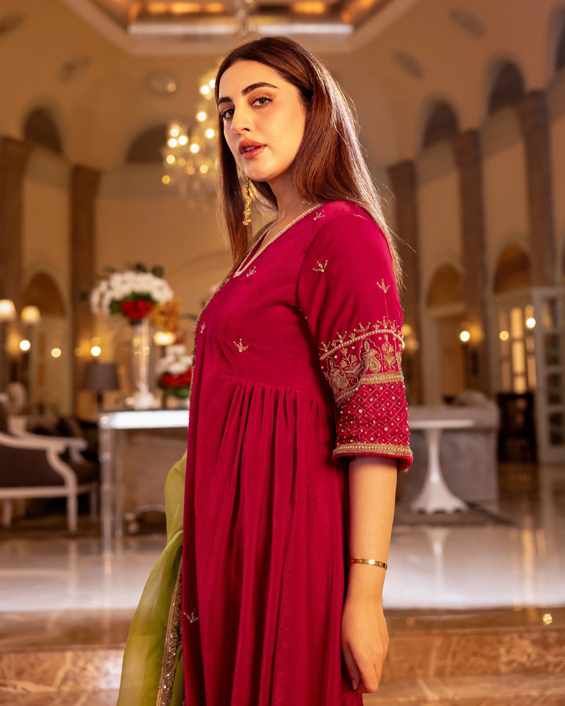 Mazrat Pink Embroidered Velvet Suit Set My Store