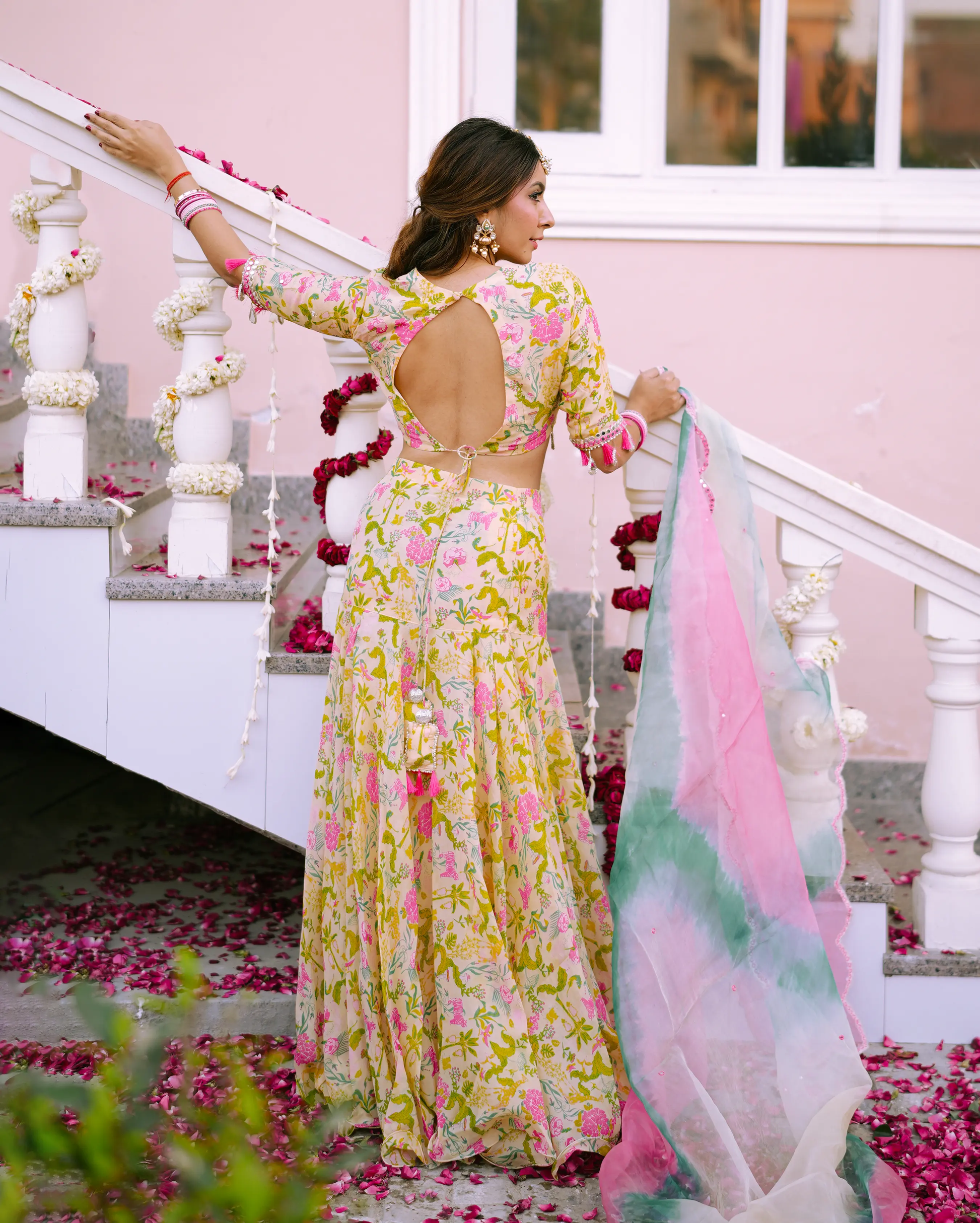 Vidari Cream Printed Organza Lehenga Set My Store