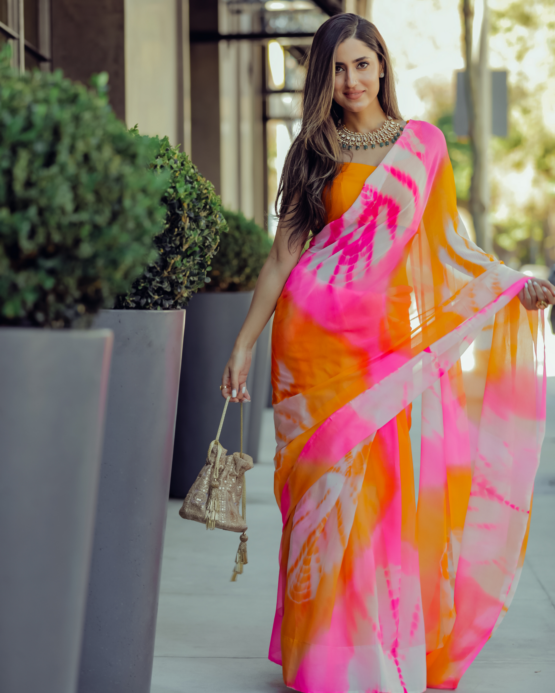 Pink Tulip Tie & Dye Pure Chiffon Saree Quick Cart