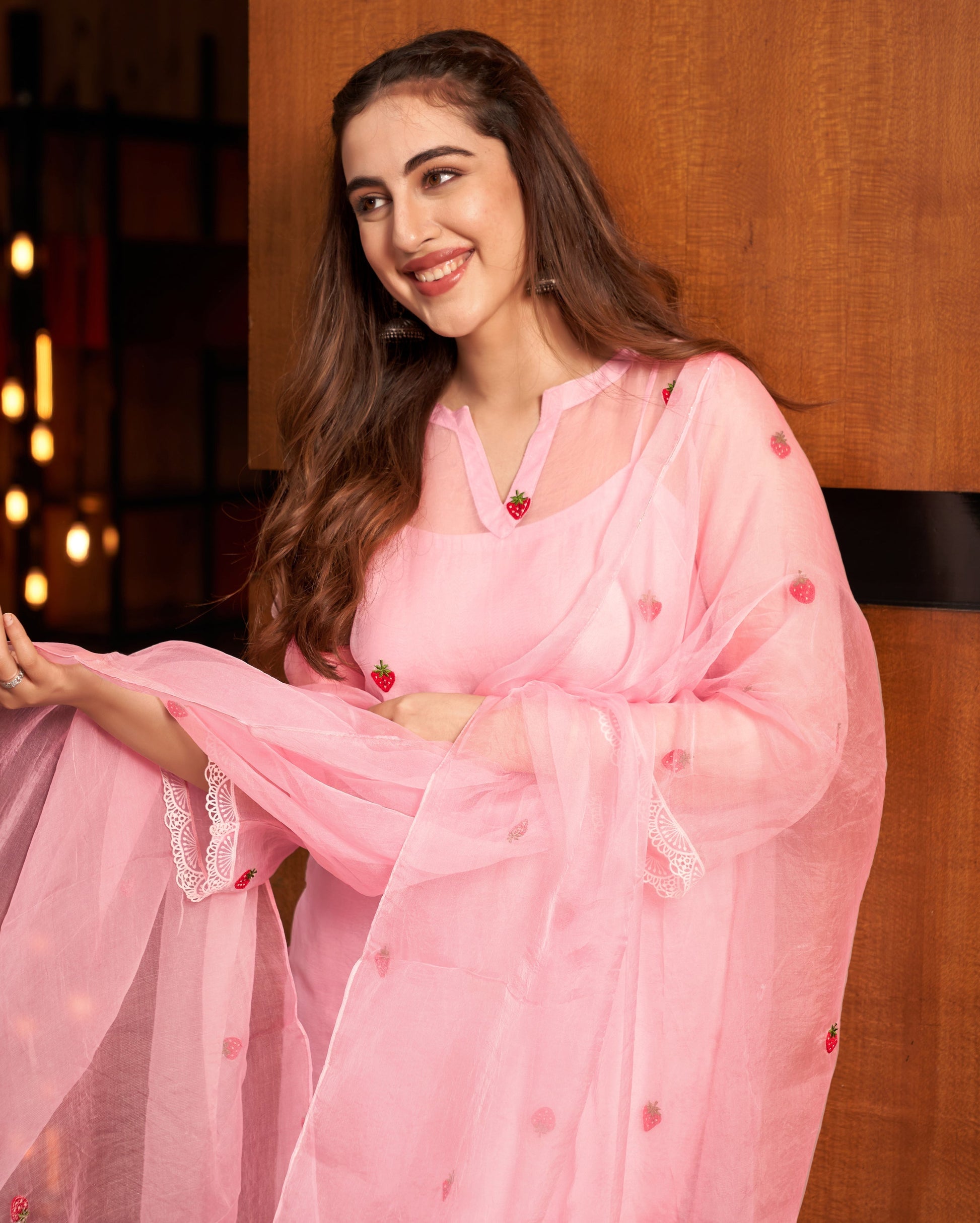 Rangrez Baby Pink Embroidered Organza Suit Set Quick Cart