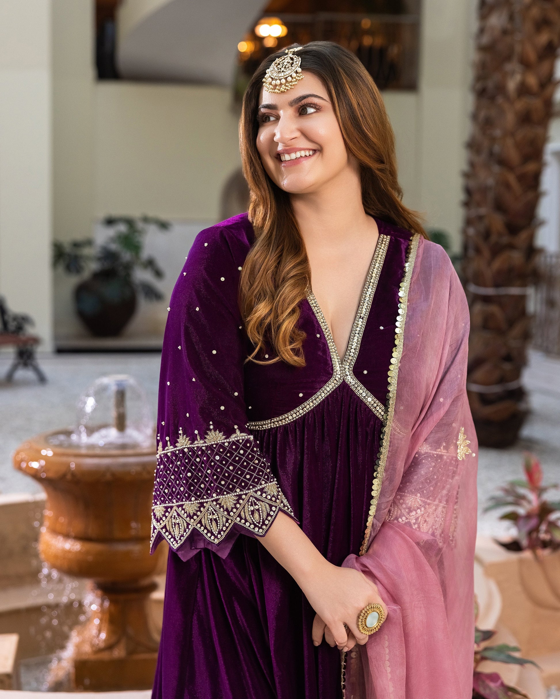 Jamni Purple Embroidered Velvet Suit Set My Store