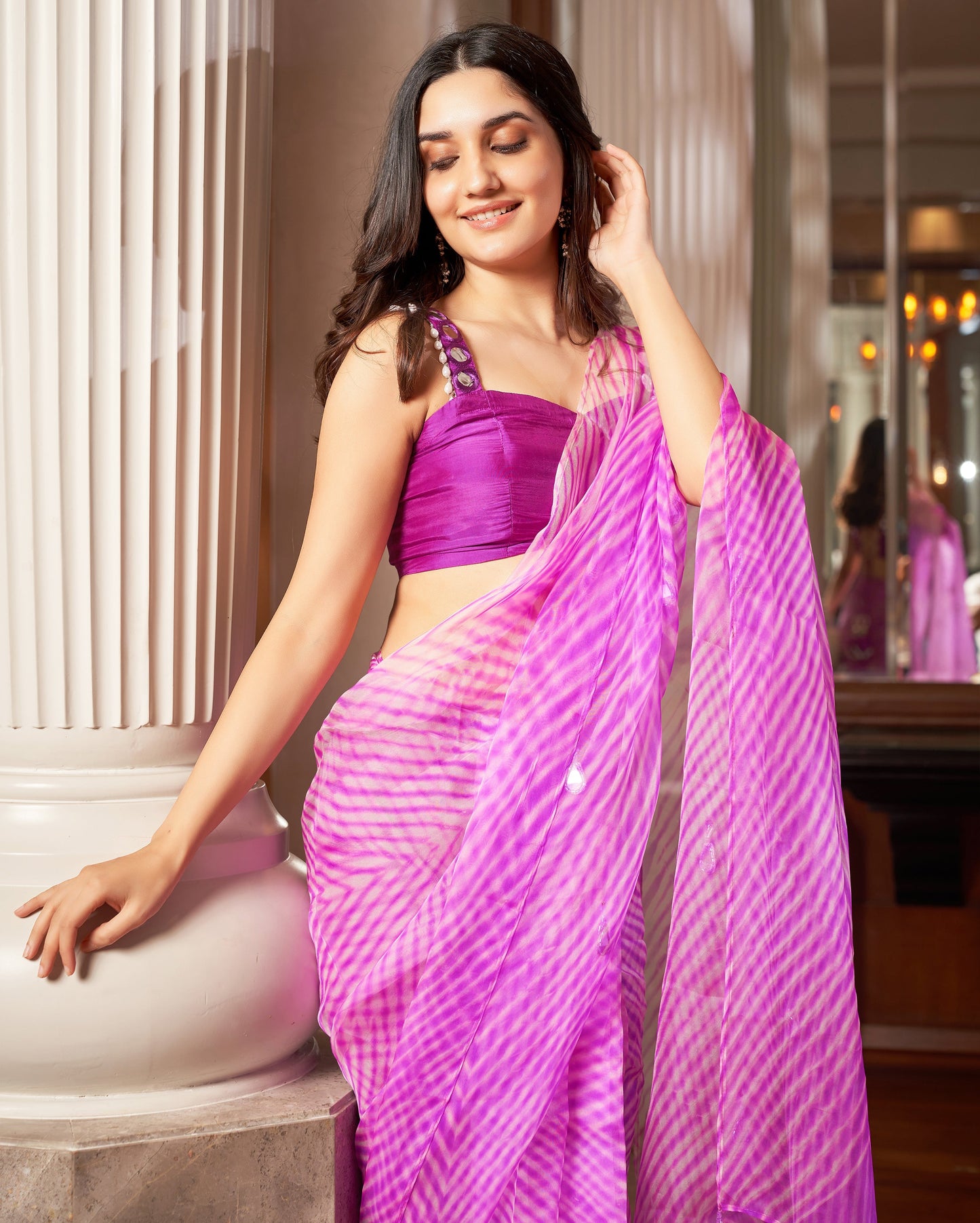 Varaha Purple Leheriya Organza Pre Draped Saree Quick Cart