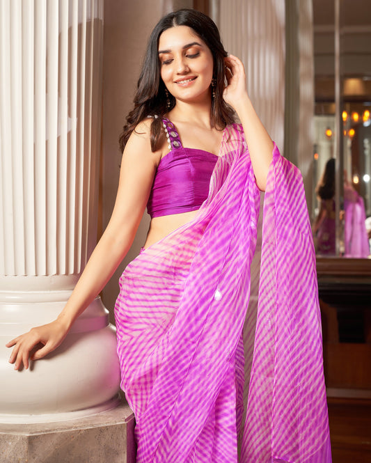 Varaha Purple Leheriya Organza Pre Draped Saree Quick Cart
