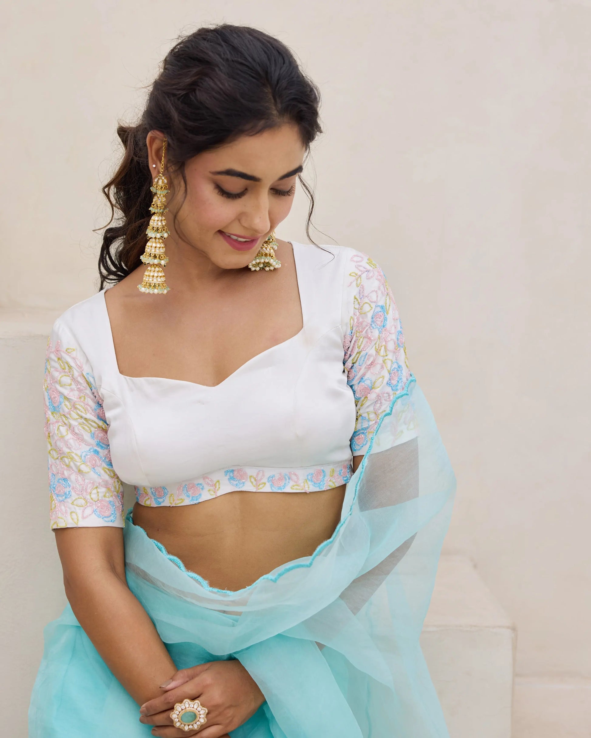 Meadow Whisper White Chanderi Embroidered Blouse My Store