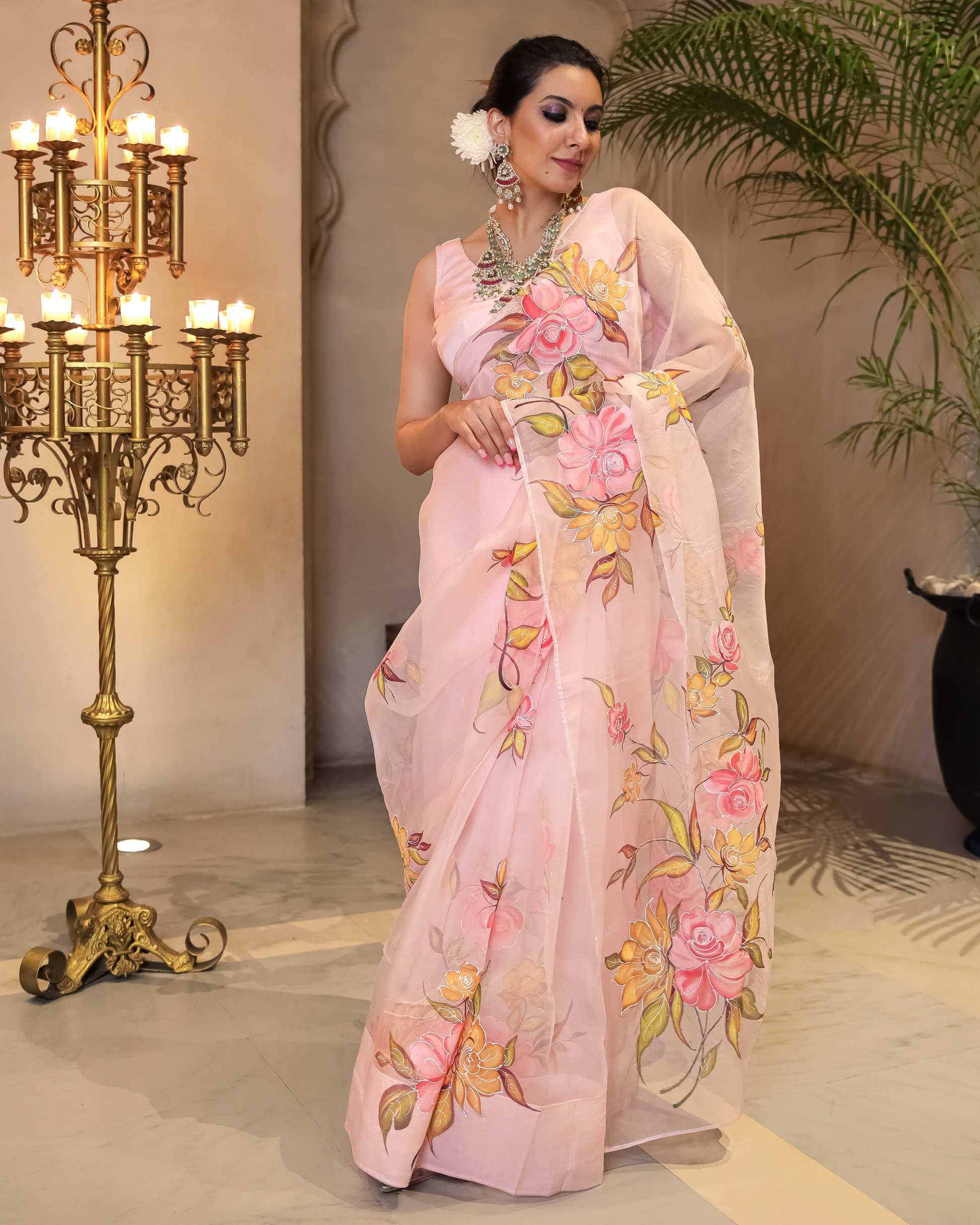 Peach Aura Embellished Handpainted Organza Silk Saree Quick Cart