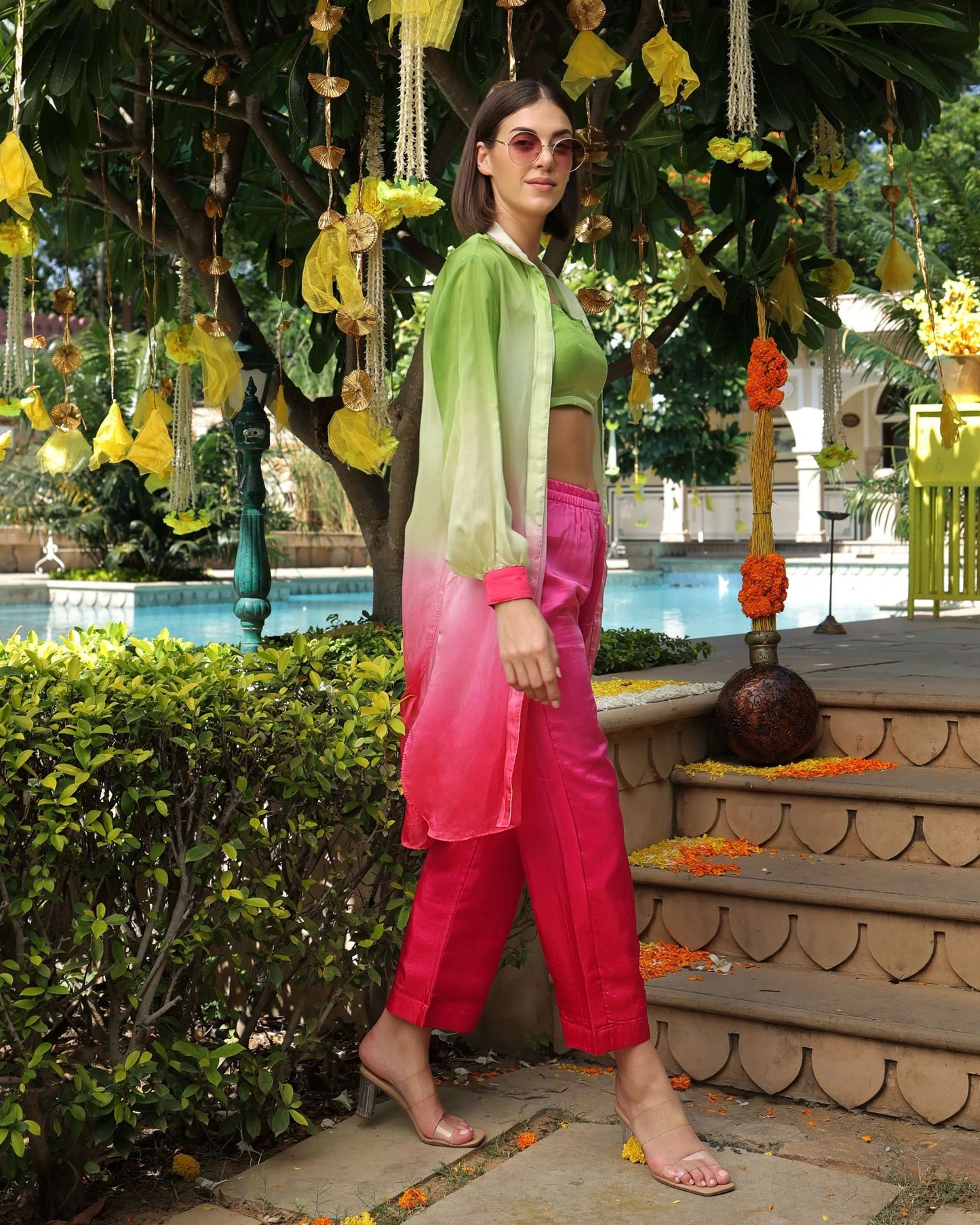 Emerald Green Pink Ombre Silk Coord Set My Store