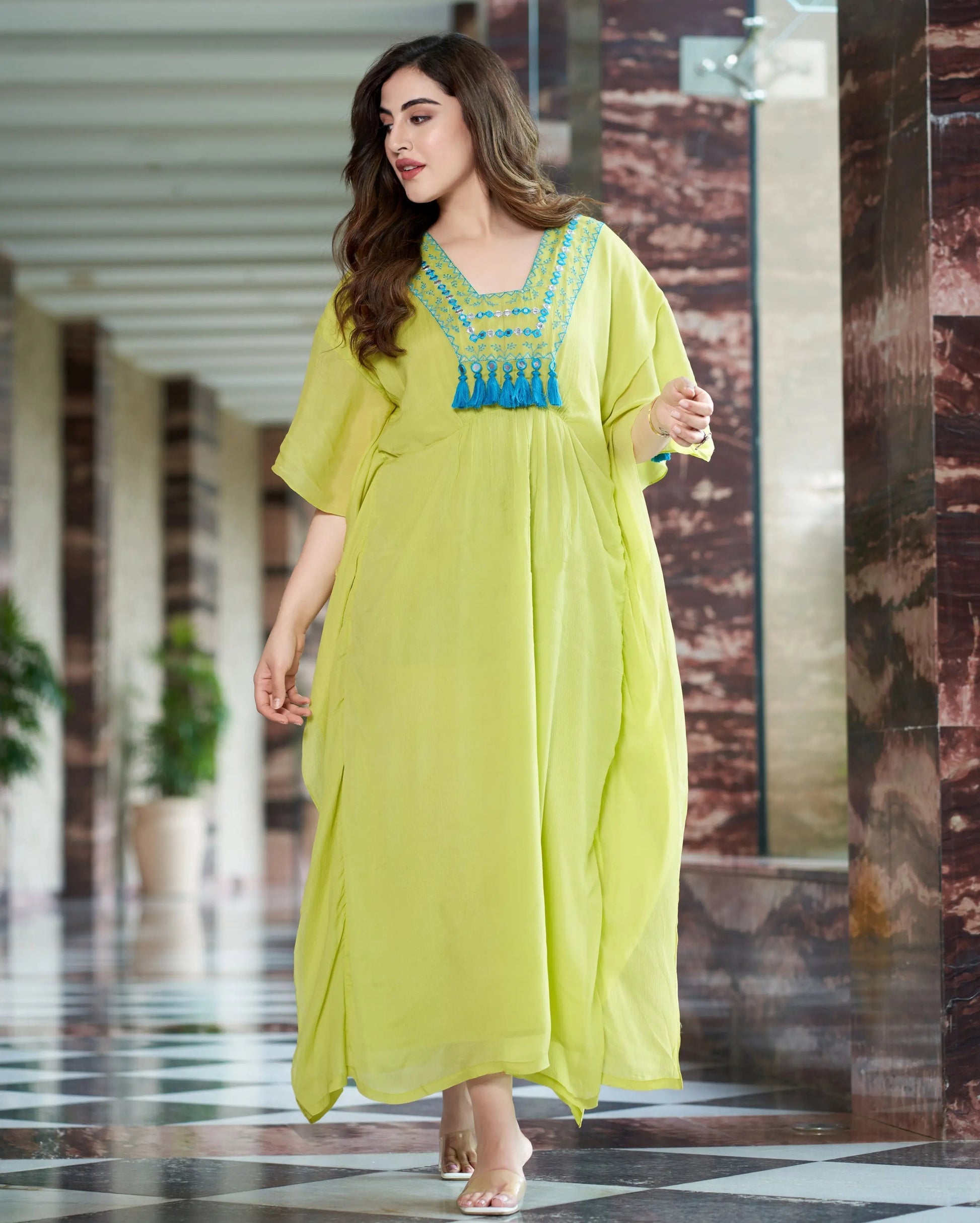 Meera Neon Green Embroidered Chinon Kaftan My Store