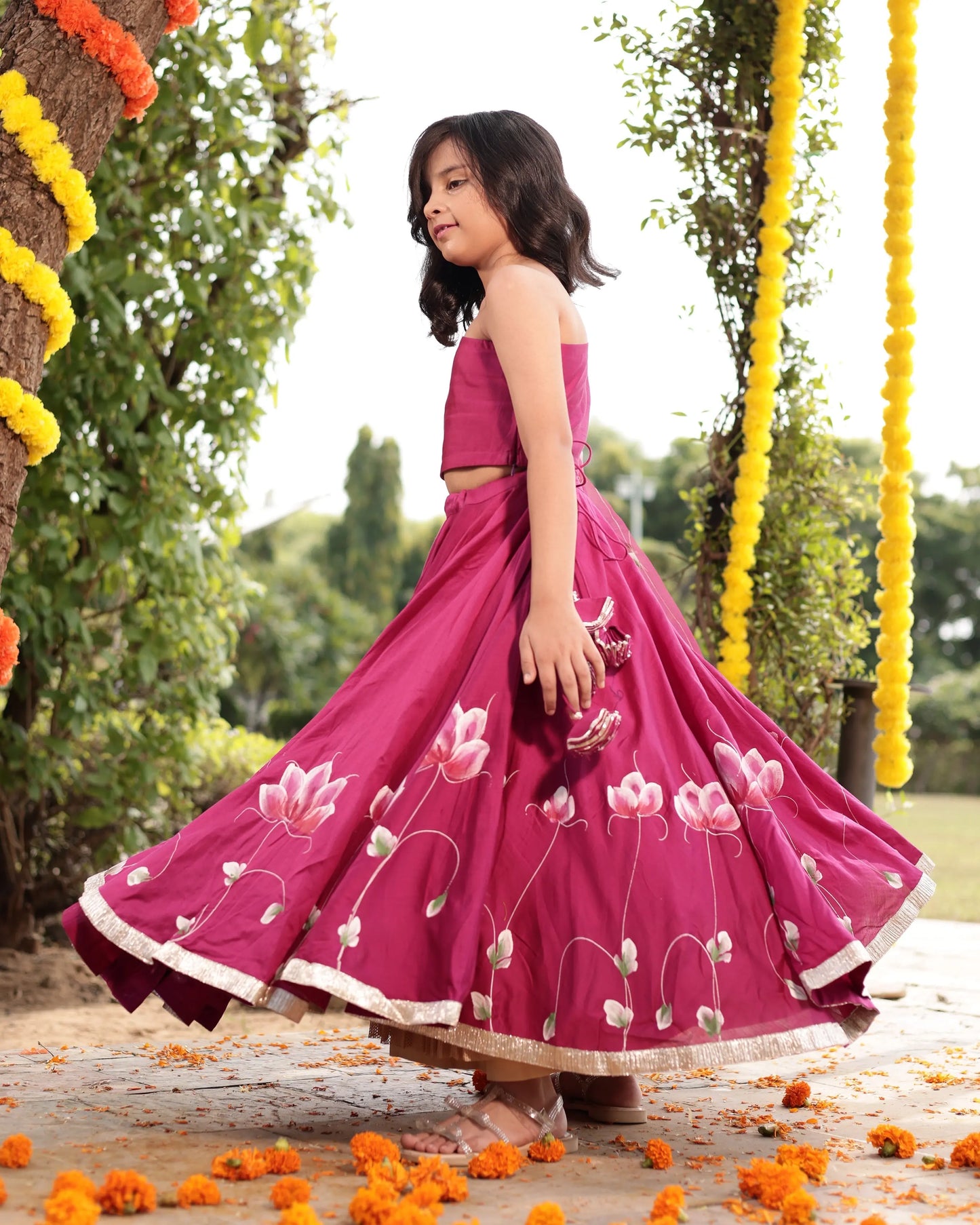 Giggle Magenta Handpainted Chanderi Lehenga Set My Store
