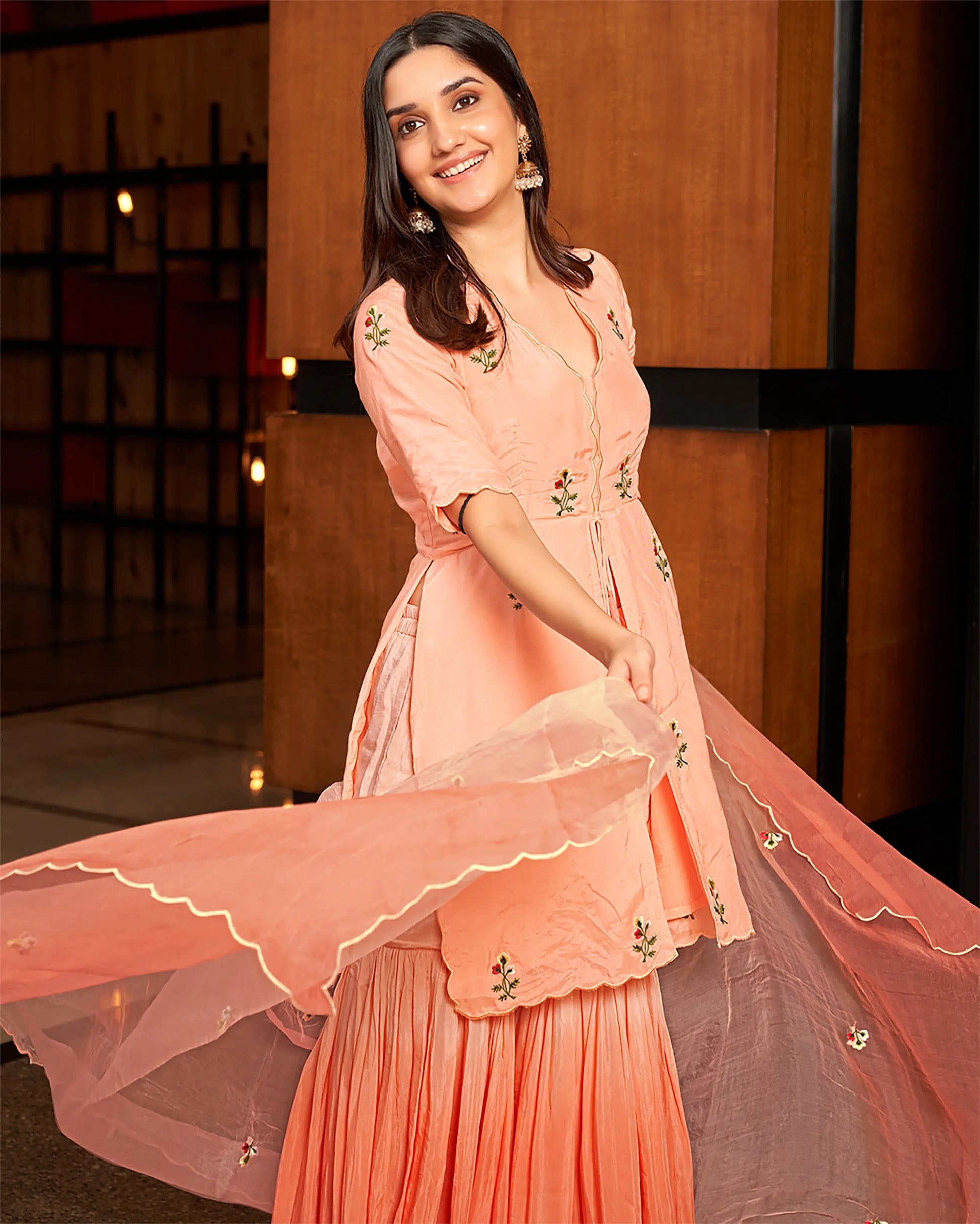 Heather Peach Embroidered Muslin Silk Sharara Set My Store