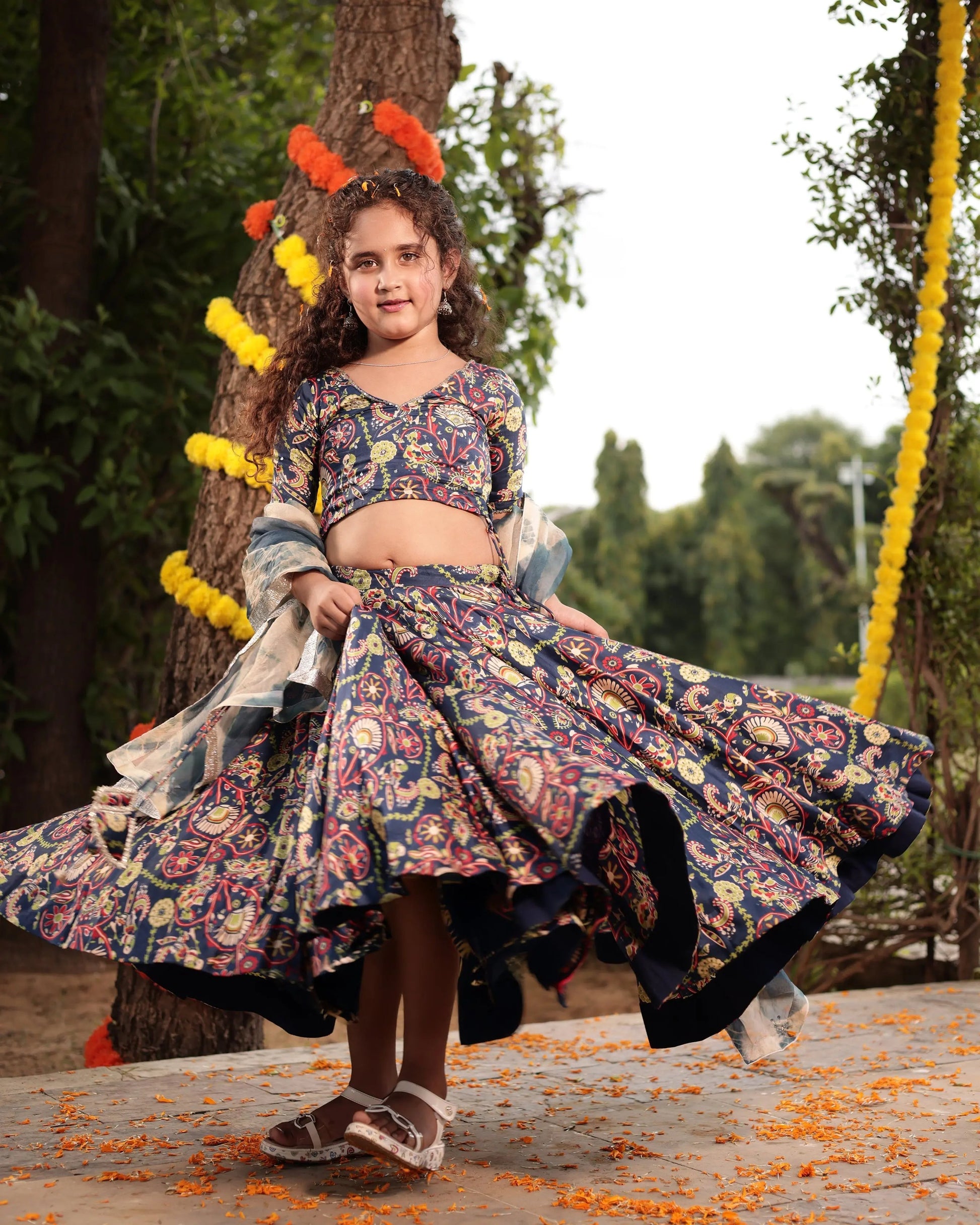 Taffy Blue Printed Embroidered Satin Lehenga Set My Store