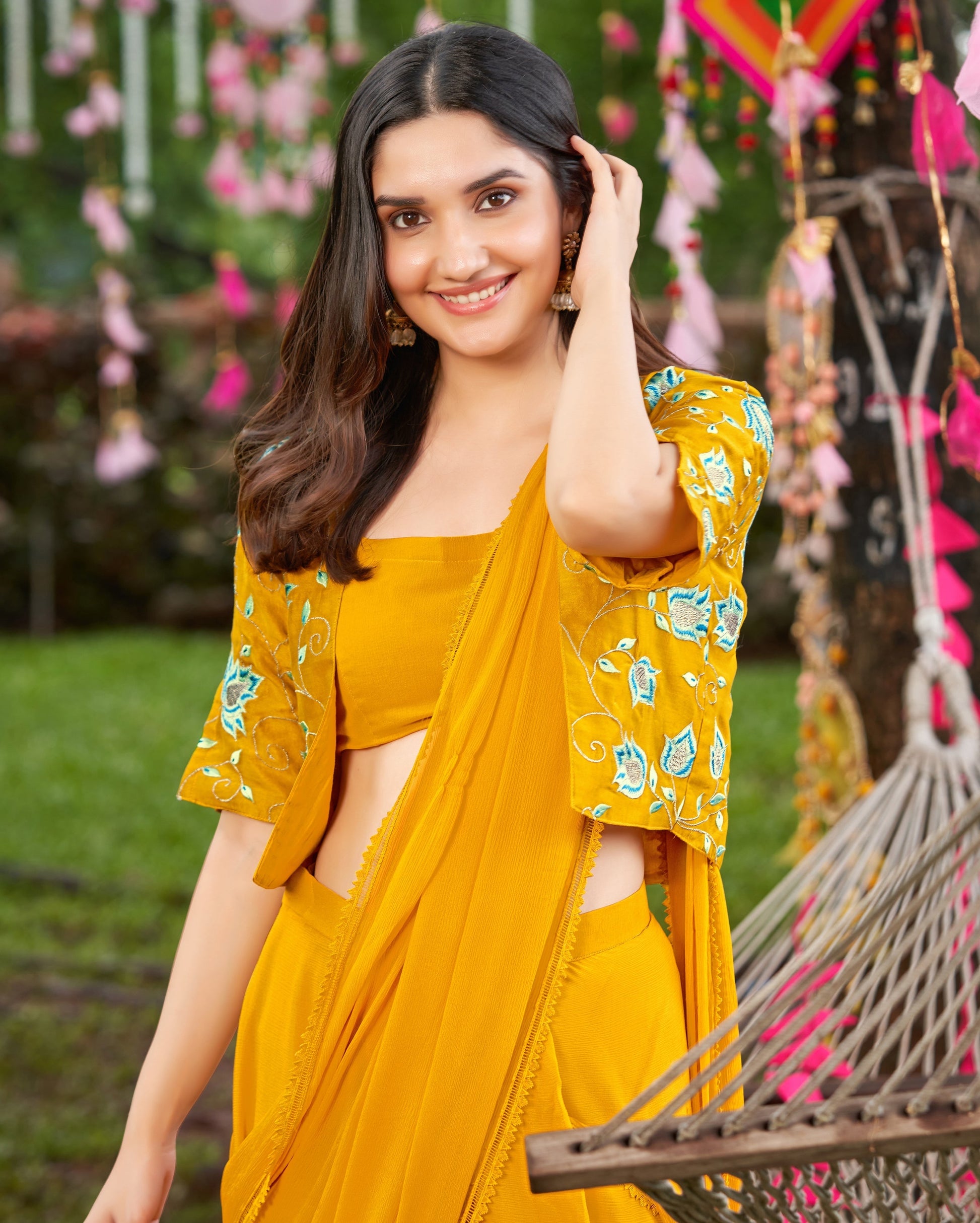 Uday Mustard Yellow Embroidered Chinon Pre Draped Saree Quick Cart