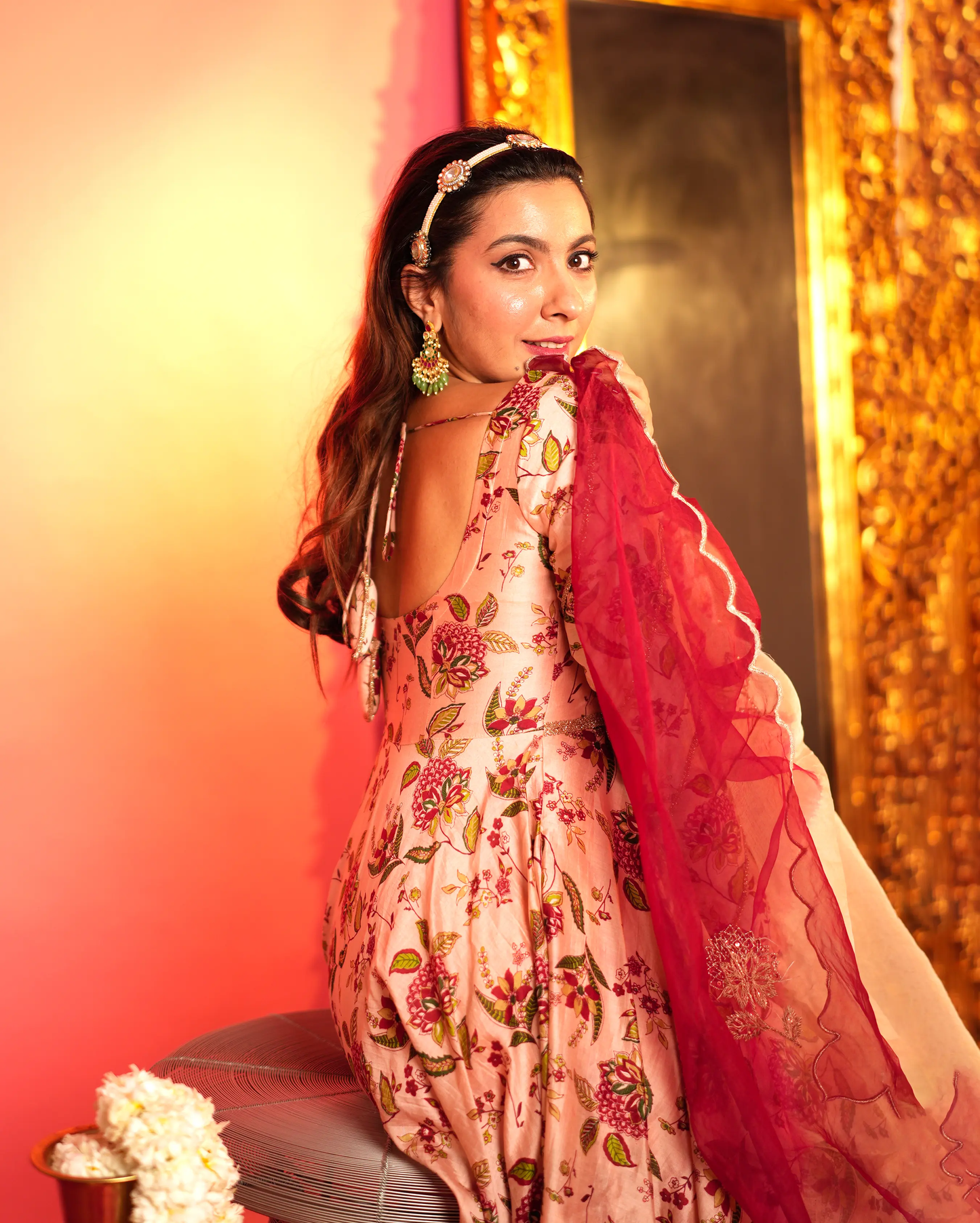 Draksha Peach Printed Chanderi Suit Set My Store