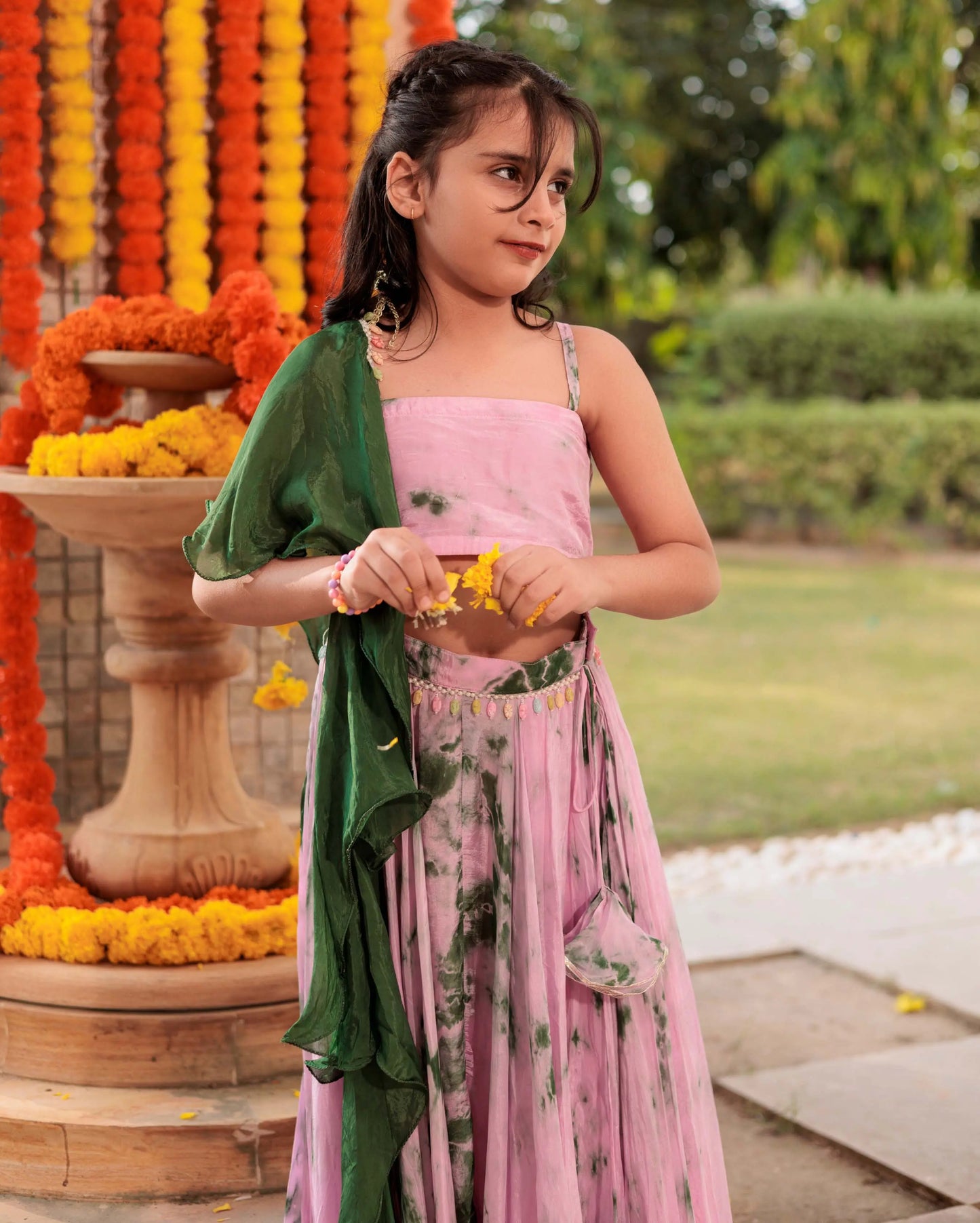 Rainbow Ripple Pink Green Tie Dye Silk Lehenga set My Store