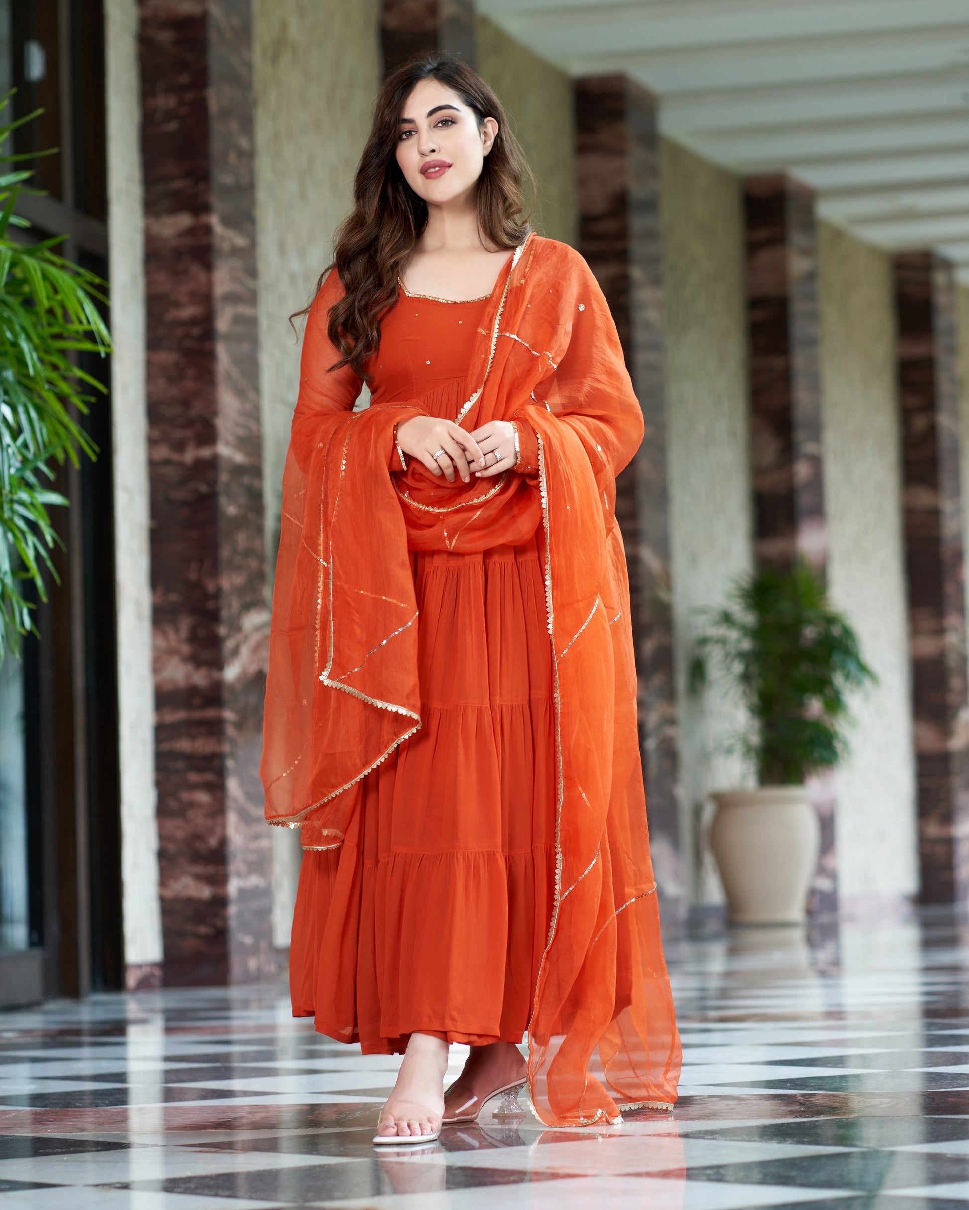 Rachna Orange Embroidered Georgette Suit Set Quick Cart