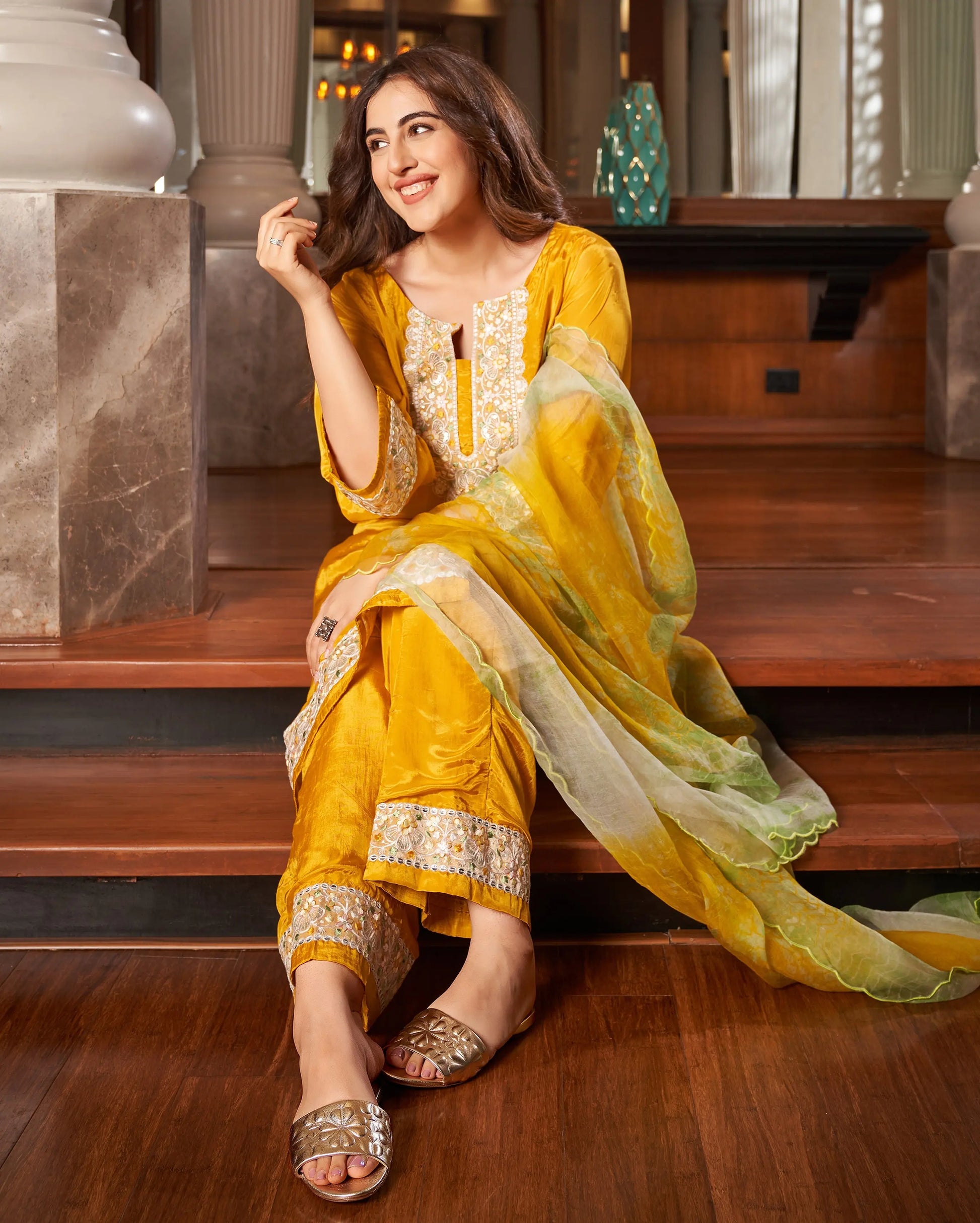 Seedit Yellow Solid Silk Suit Set My Store