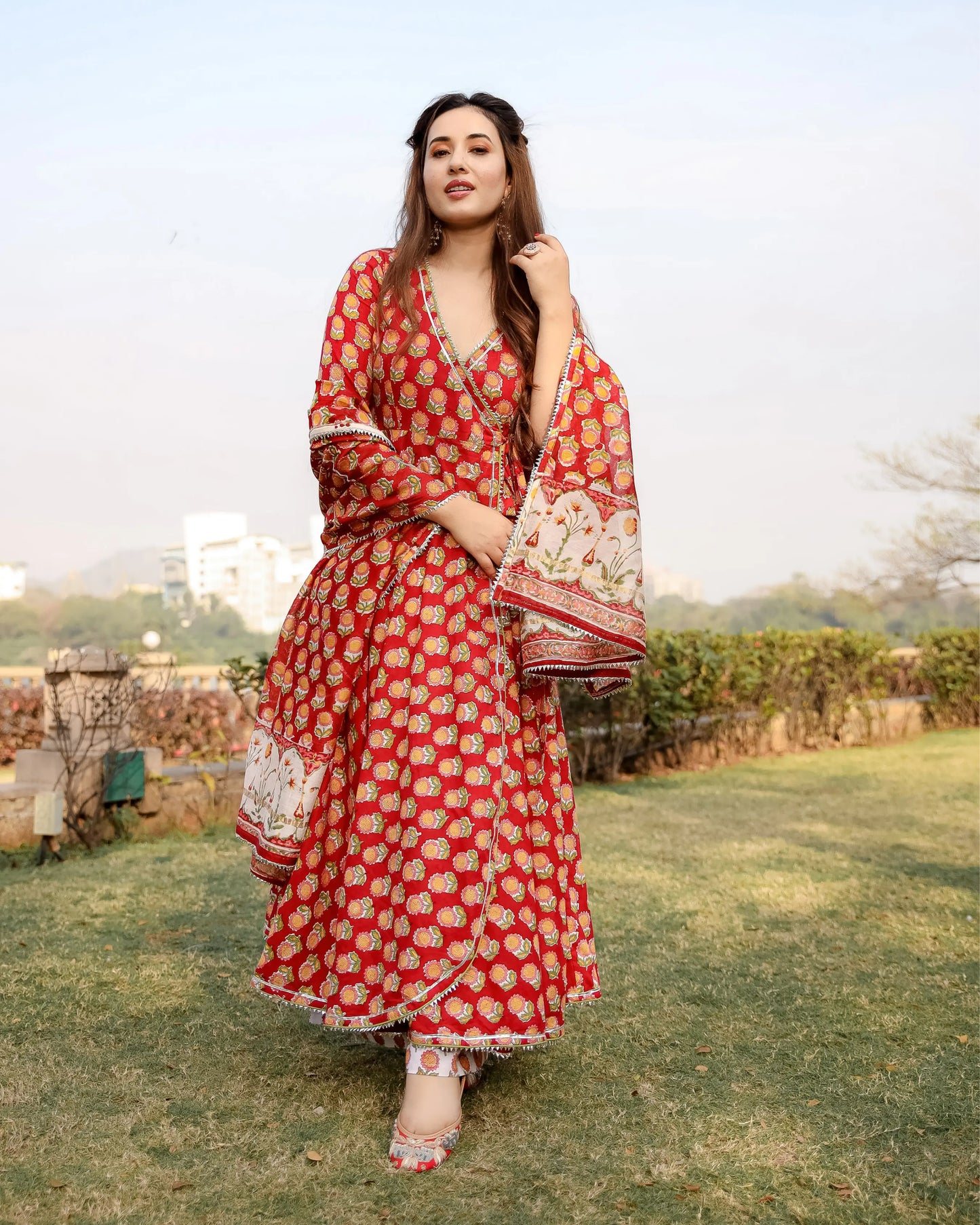 Red Rosewood Handblock Suit Set My Store