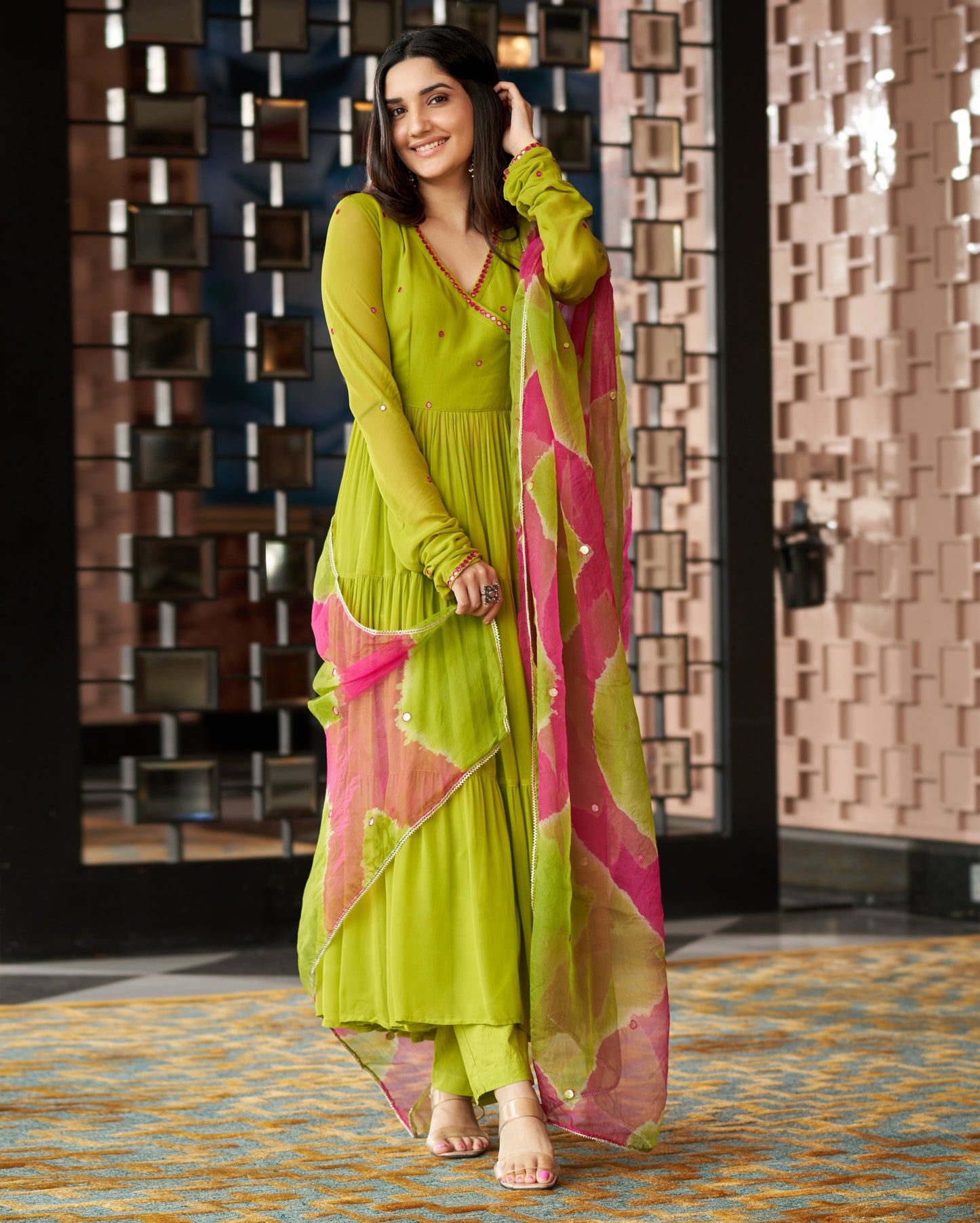 Leela Neon Green Embroidered Georgette Suit Set Quick Cart