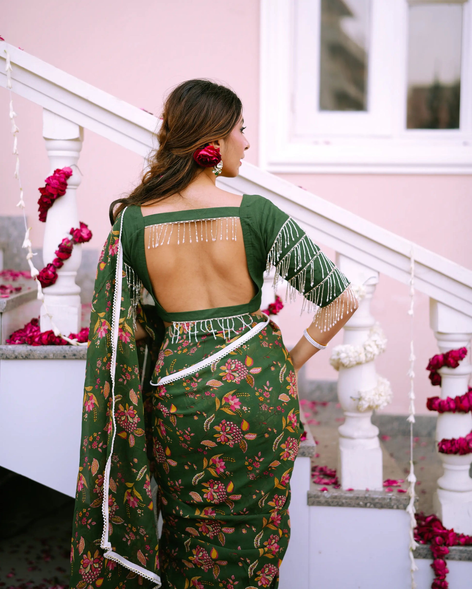 Kusum Green Printed Georgette Pre-draped Saree My Store