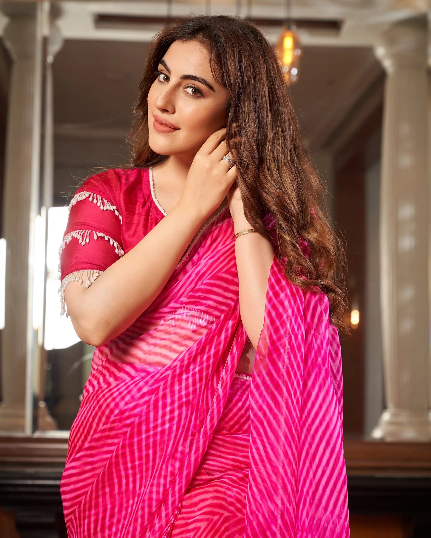 Sangam Pink Leheriya Organza Pre Draped Saree My Store
