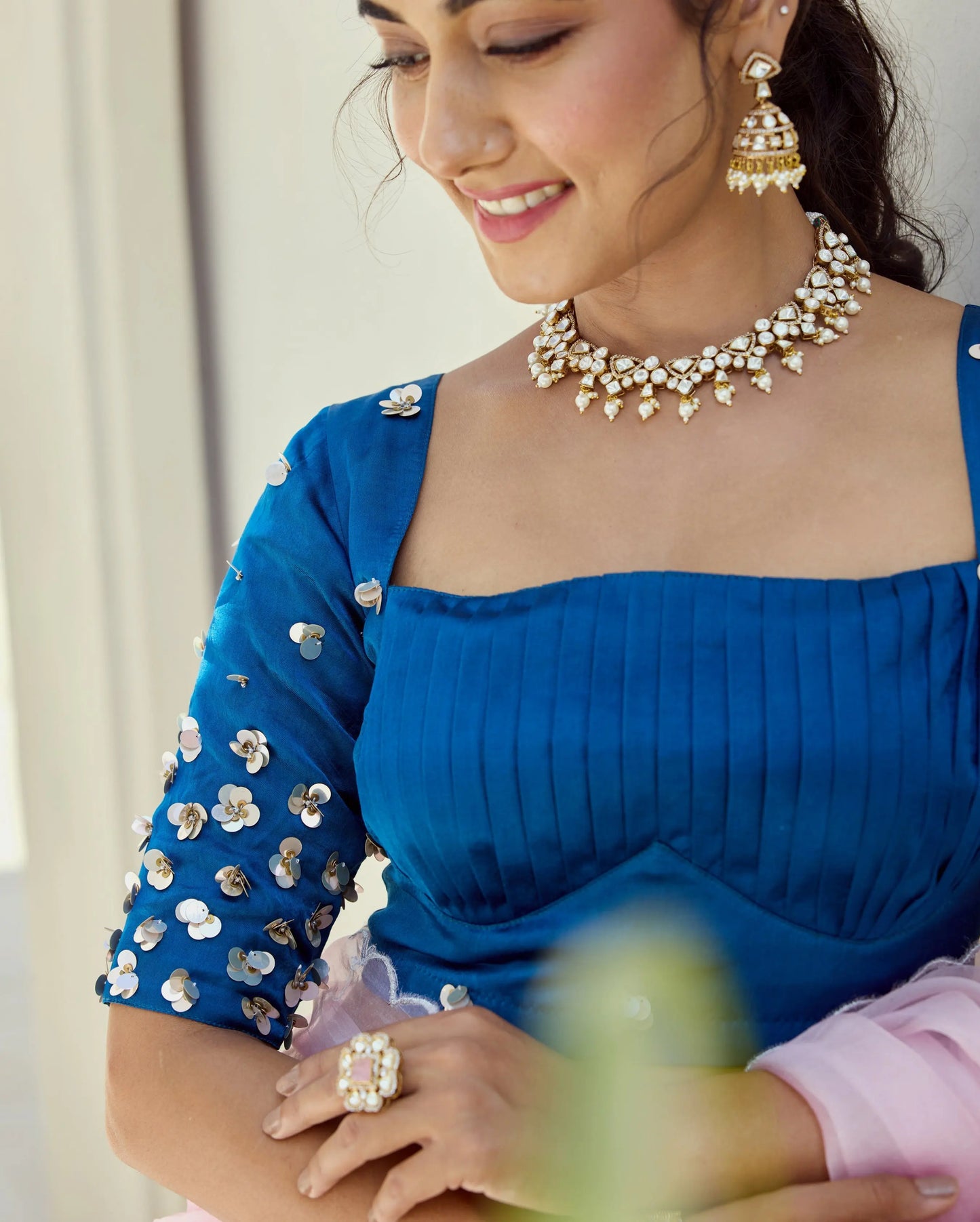 Midnight Blue Satin Embroidered Blouse My Store