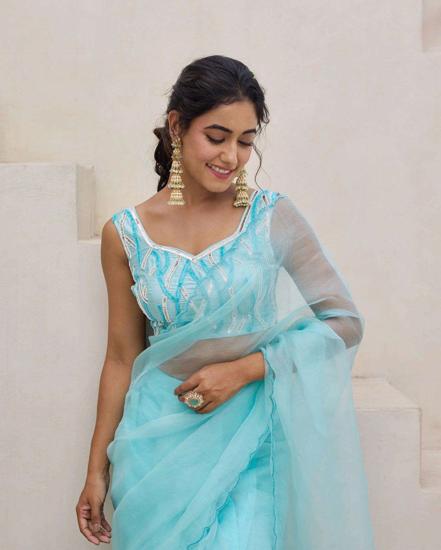 Blue Petal Satin Embroidered Blouse My Store