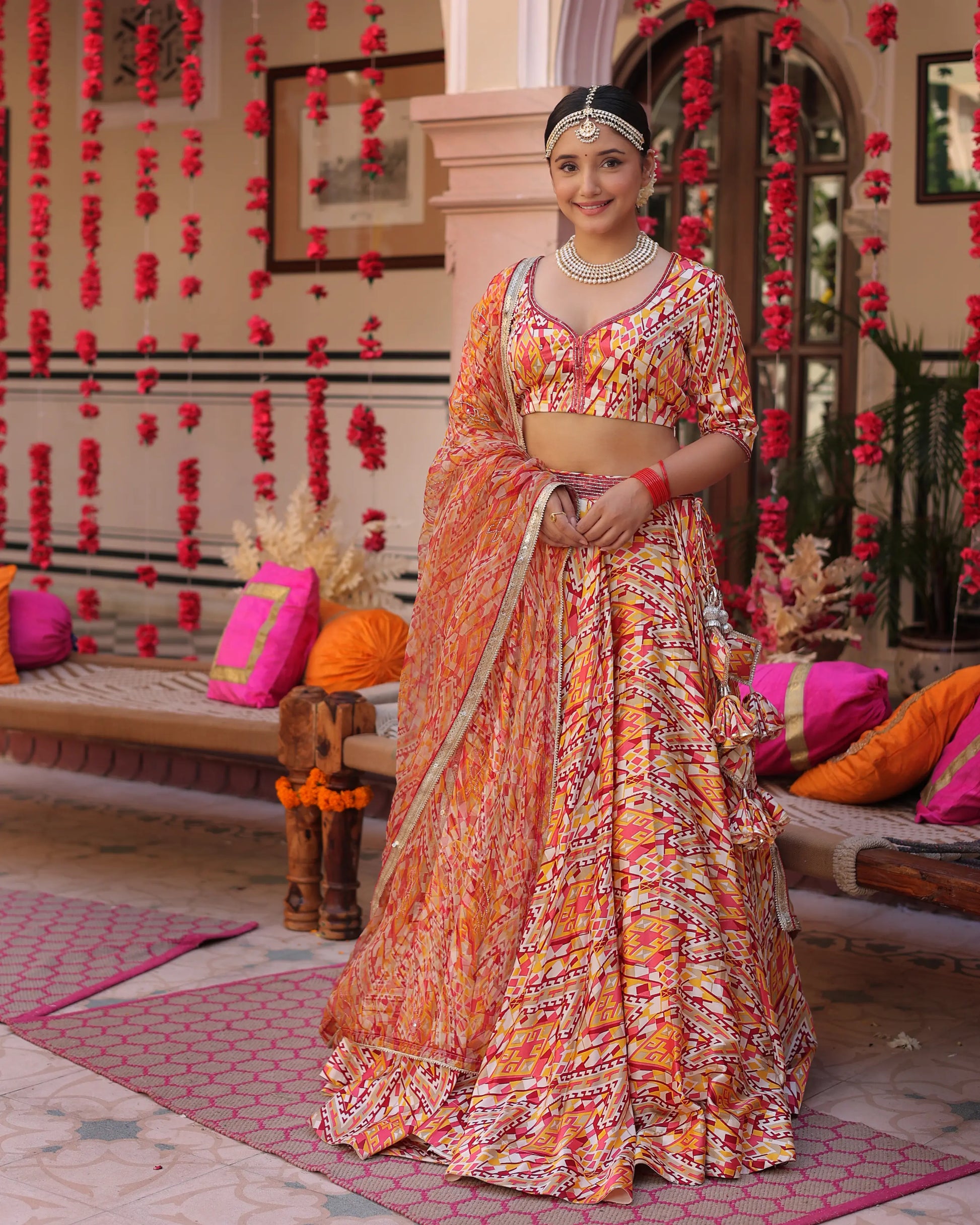 Creamy Crimson Blaze Printed Satin Lehenga Set My Store