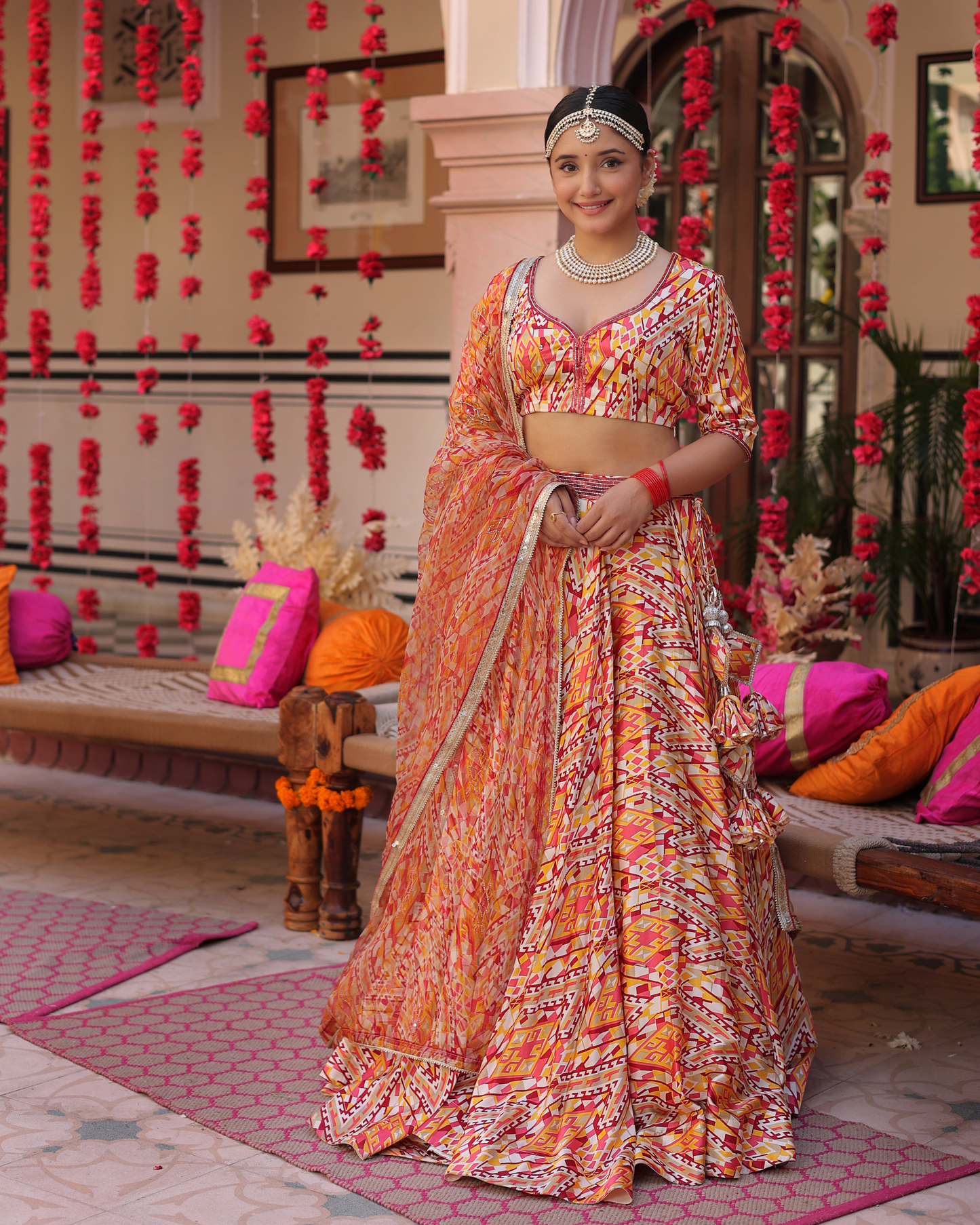 Creamy Crimson Blaze Printed Satin Lehenga Set Quick Cart