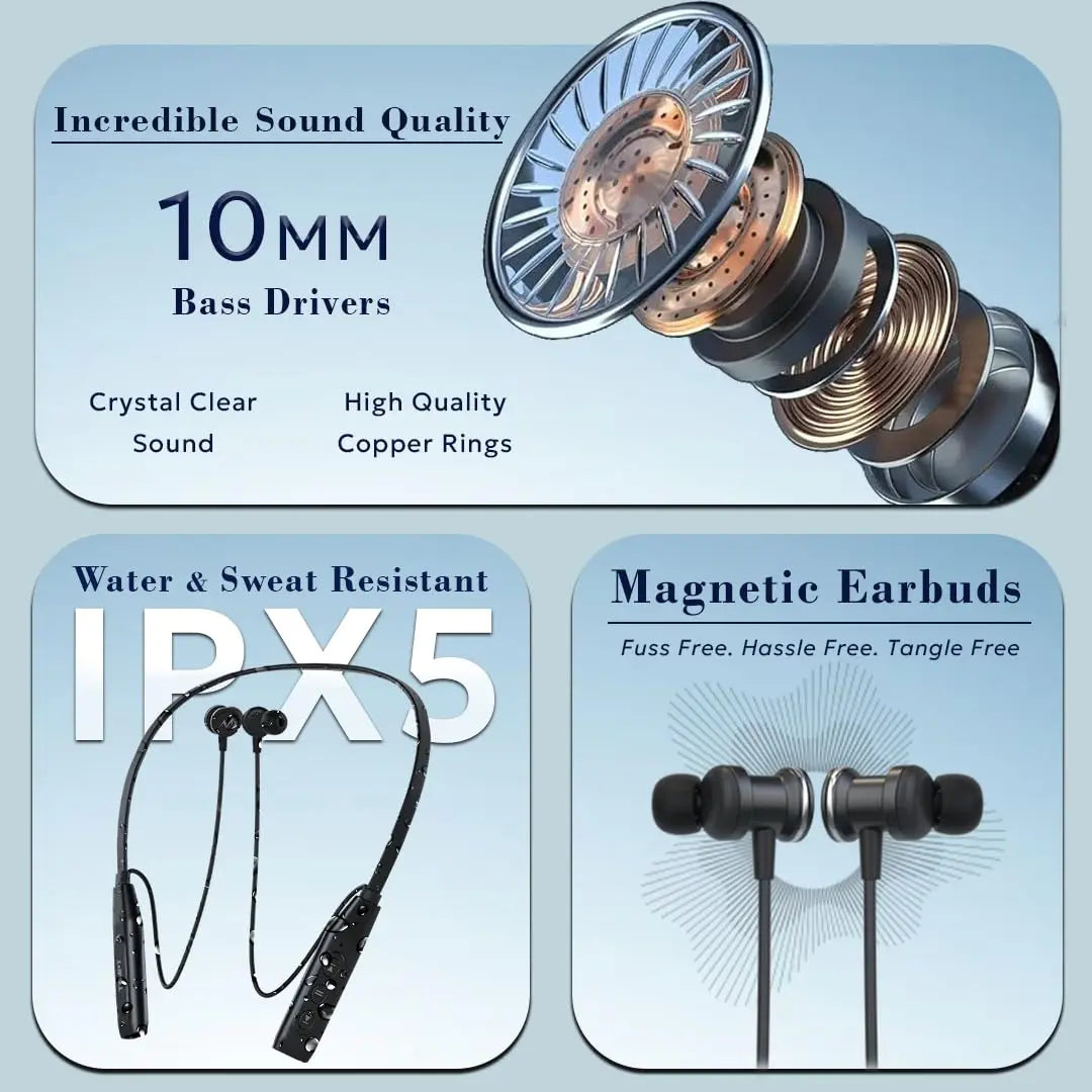 TEMPT Bounce X Neckband with 40 Hours of Playtime, Vibration Alert, Crystal Clear Sound, Fast Charging, 10MM Drivers, BT V5.2 Black