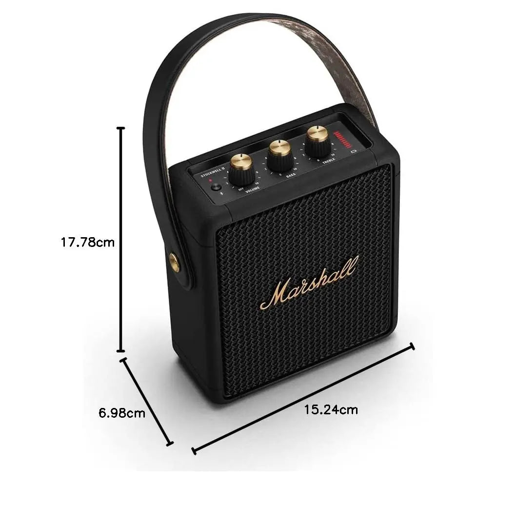 Marshall Stockwell II Portable Bluetooth Speaker with 20+ Hours of Portable Playtime, (360° Sound), Water-Resistant (IPX4) – Black & Brass.