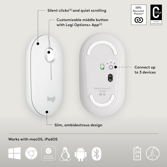 Logitech Pebble Mouse 2 M350s Slim Bluetooth Wireless Mouse White