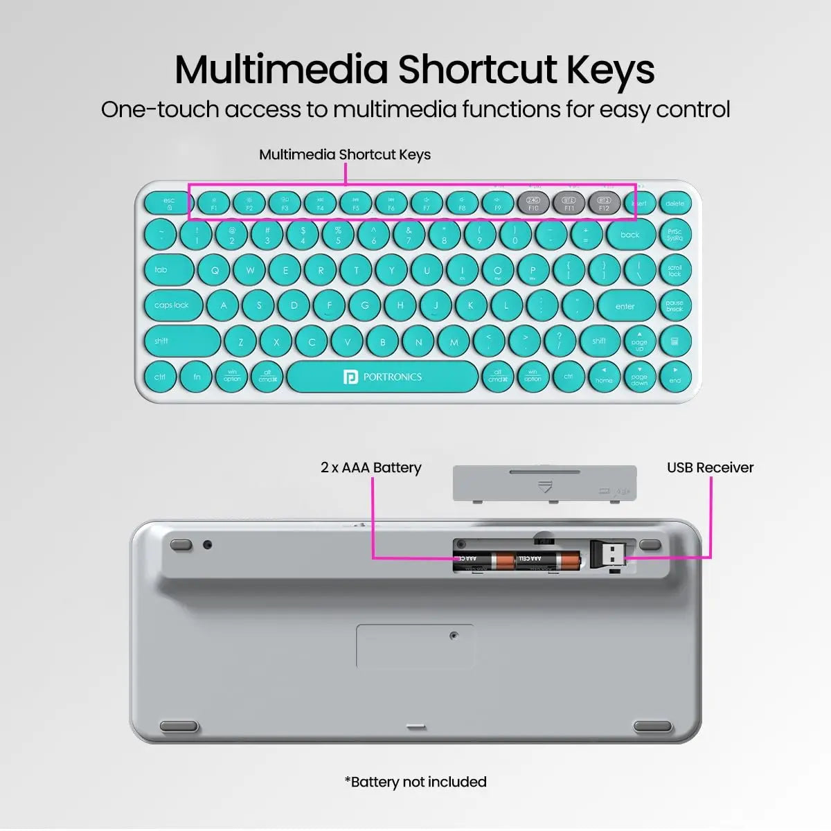 Portronics Bubble 2.0 Wireless Keyboard with Bluetooth + 2.4 GHz Receiver, Connect 3 Devices Blue