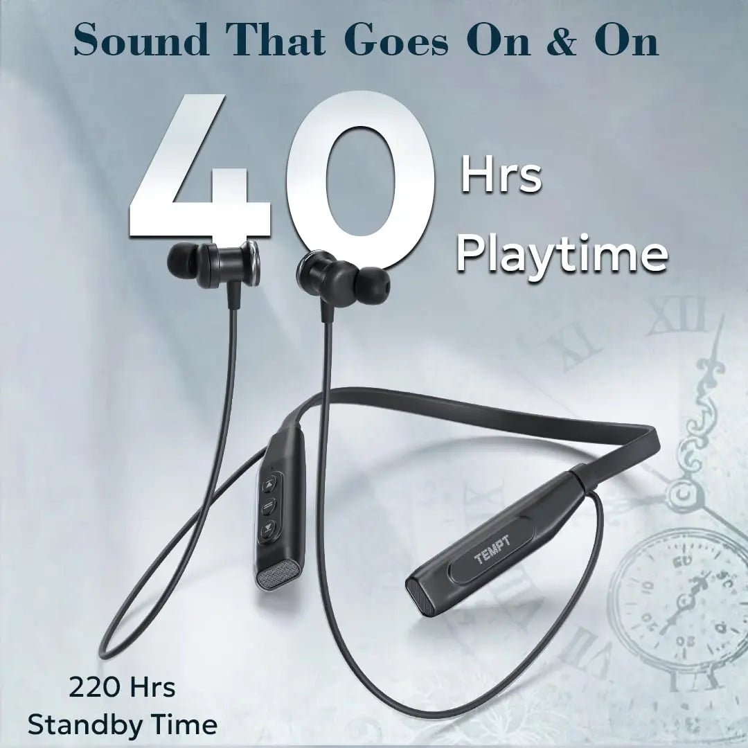 TEMPT Bounce X Neckband with 40 Hours of Playtime, Vibration Alert, Crystal Clear Sound, Fast Charging, 10MM Drivers, BT V5.2 Black